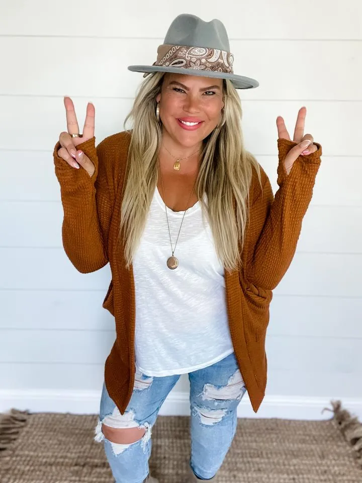 Toffee Waffle Knit Thumbhole Cardigan