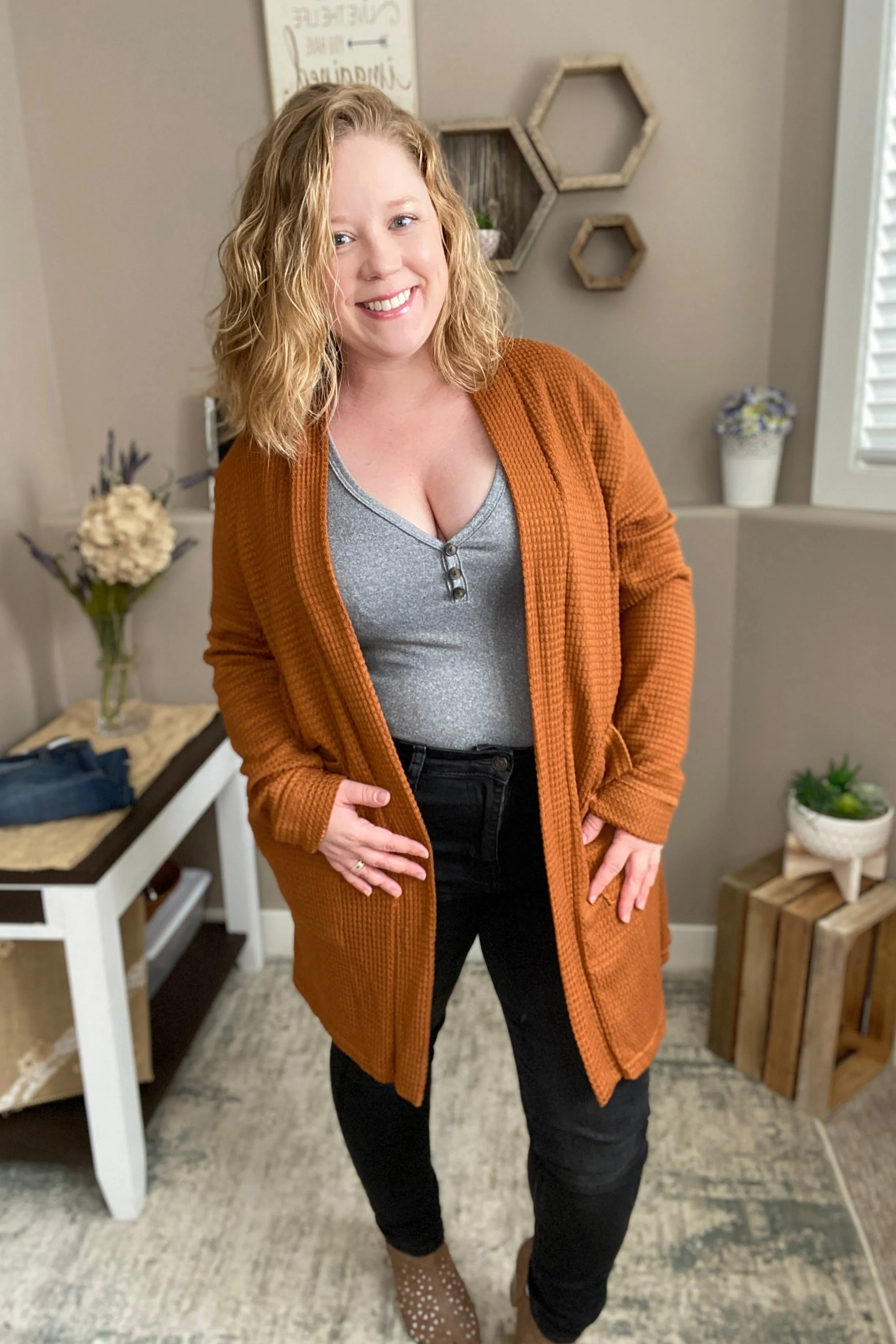 Toffee Waffle Knit Thumbhole Cardigan