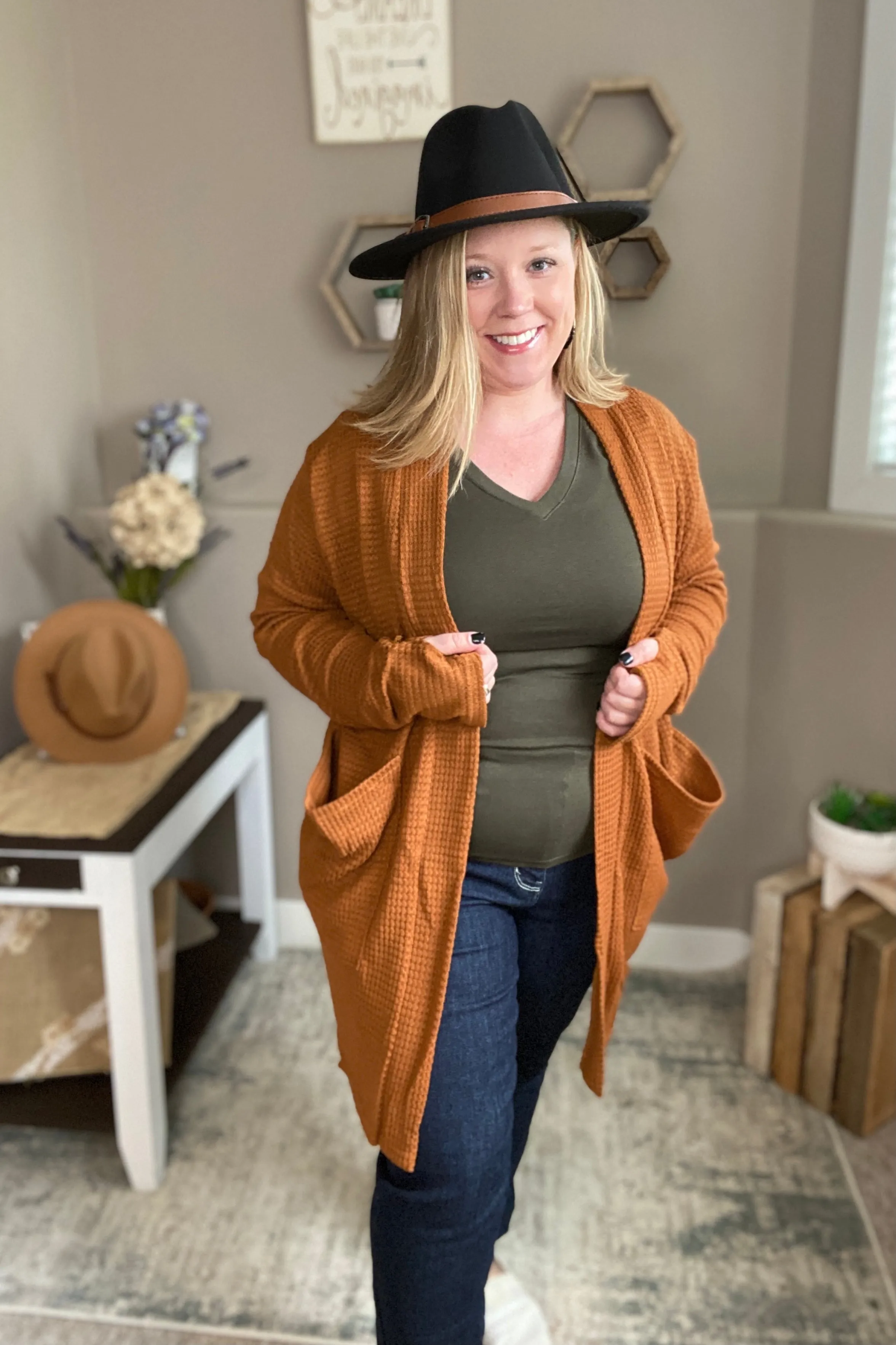 Toffee Waffle Knit Thumbhole Cardigan