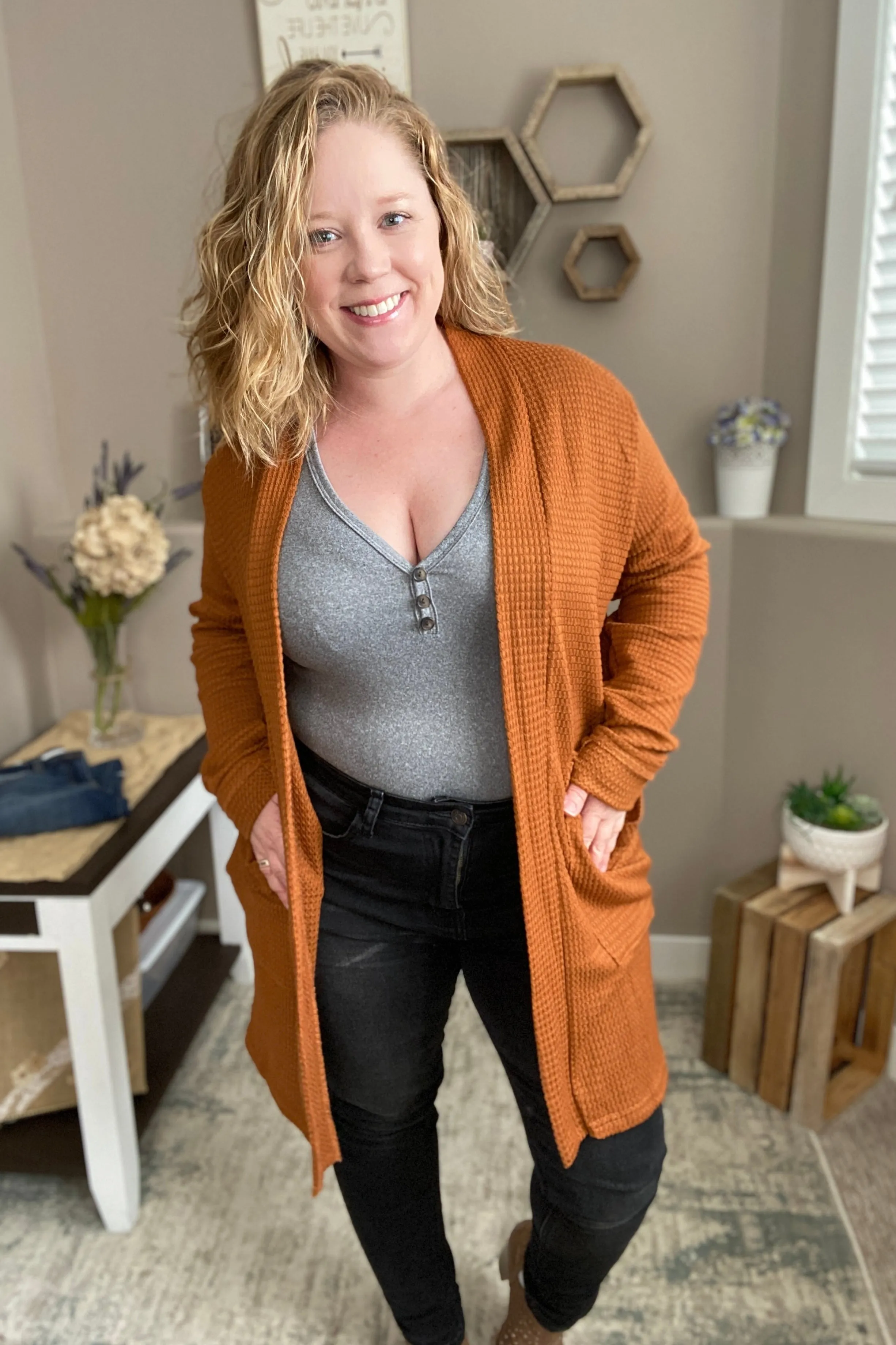 Toffee Waffle Knit Thumbhole Cardigan