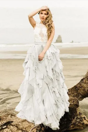Tulle Ruffles Bridal Gowns with Lace Illusion Neckline