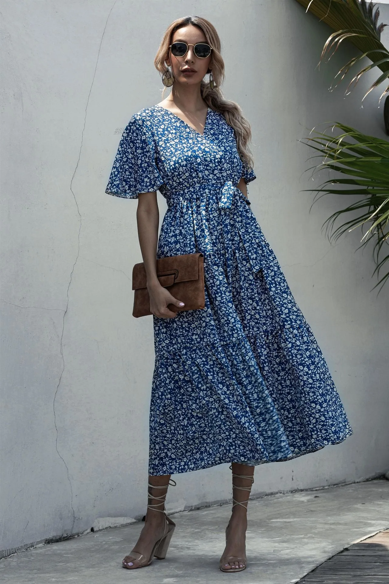 V-neck Belt Polka Dot Floral Maxi Dresses