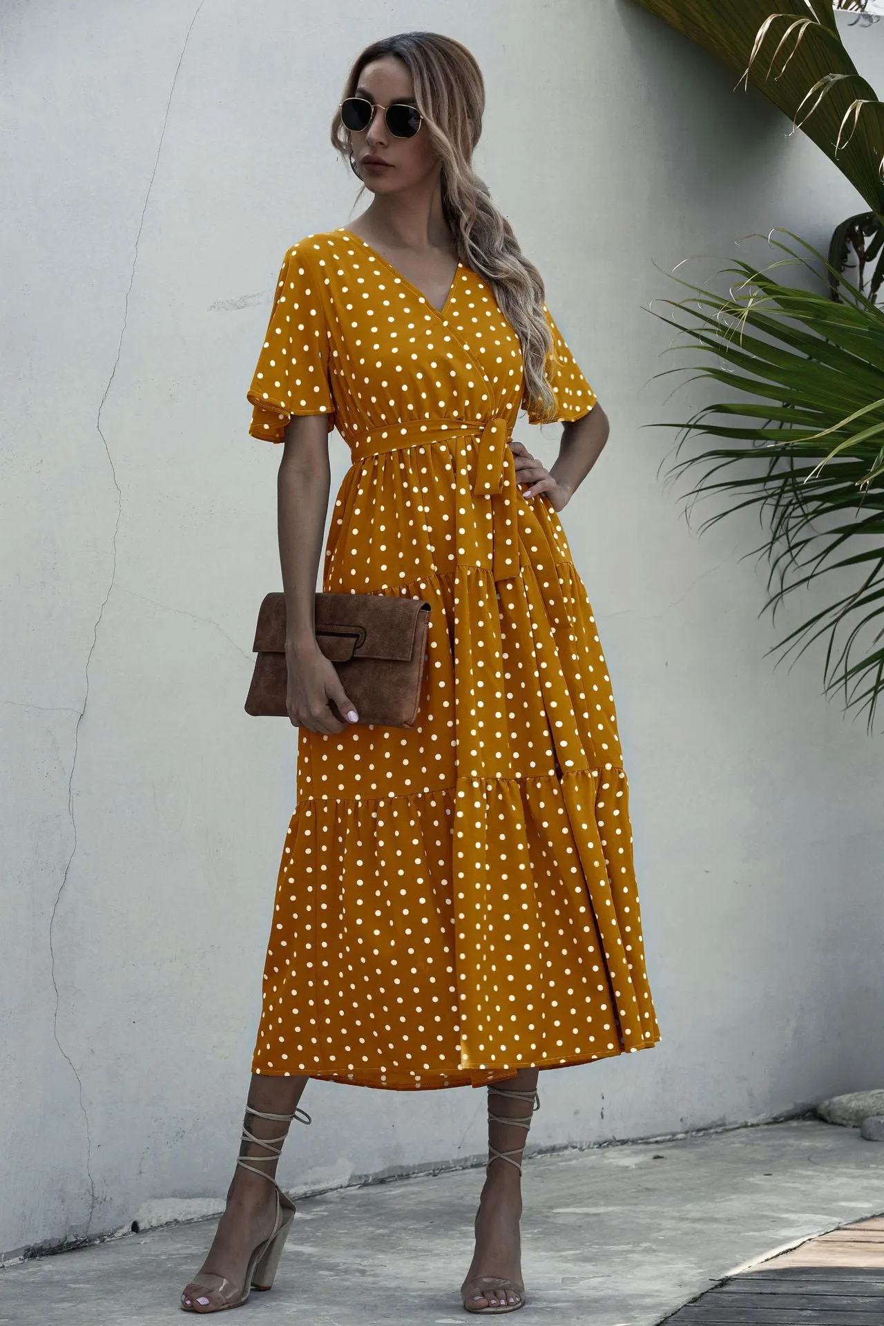 V-neck Belt Polka Dot Floral Maxi Dresses