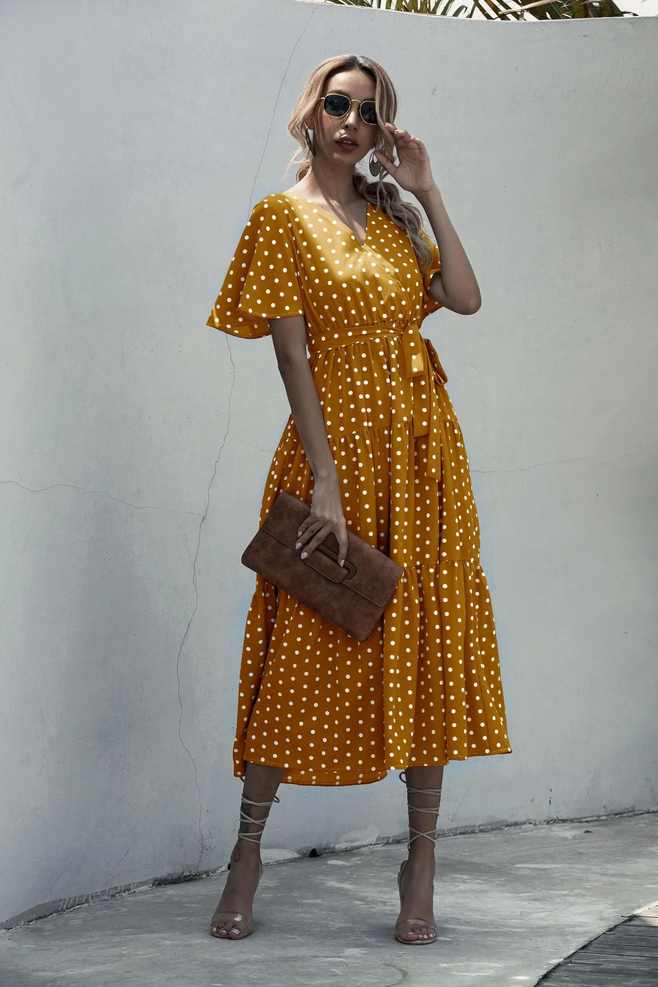 V-neck Belt Polka Dot Floral Maxi Dresses