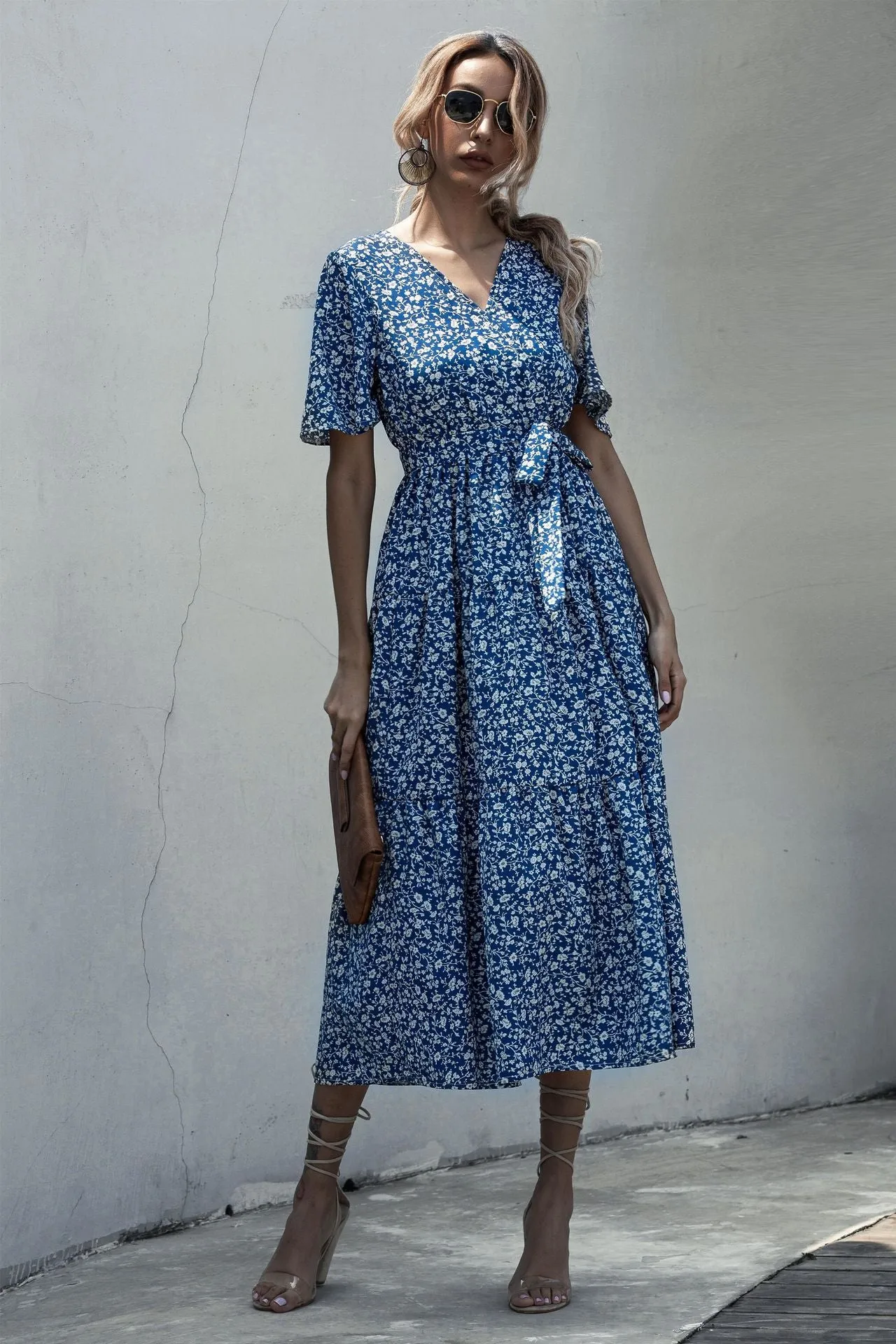 V-neck Belt Polka Dot Floral Maxi Dresses