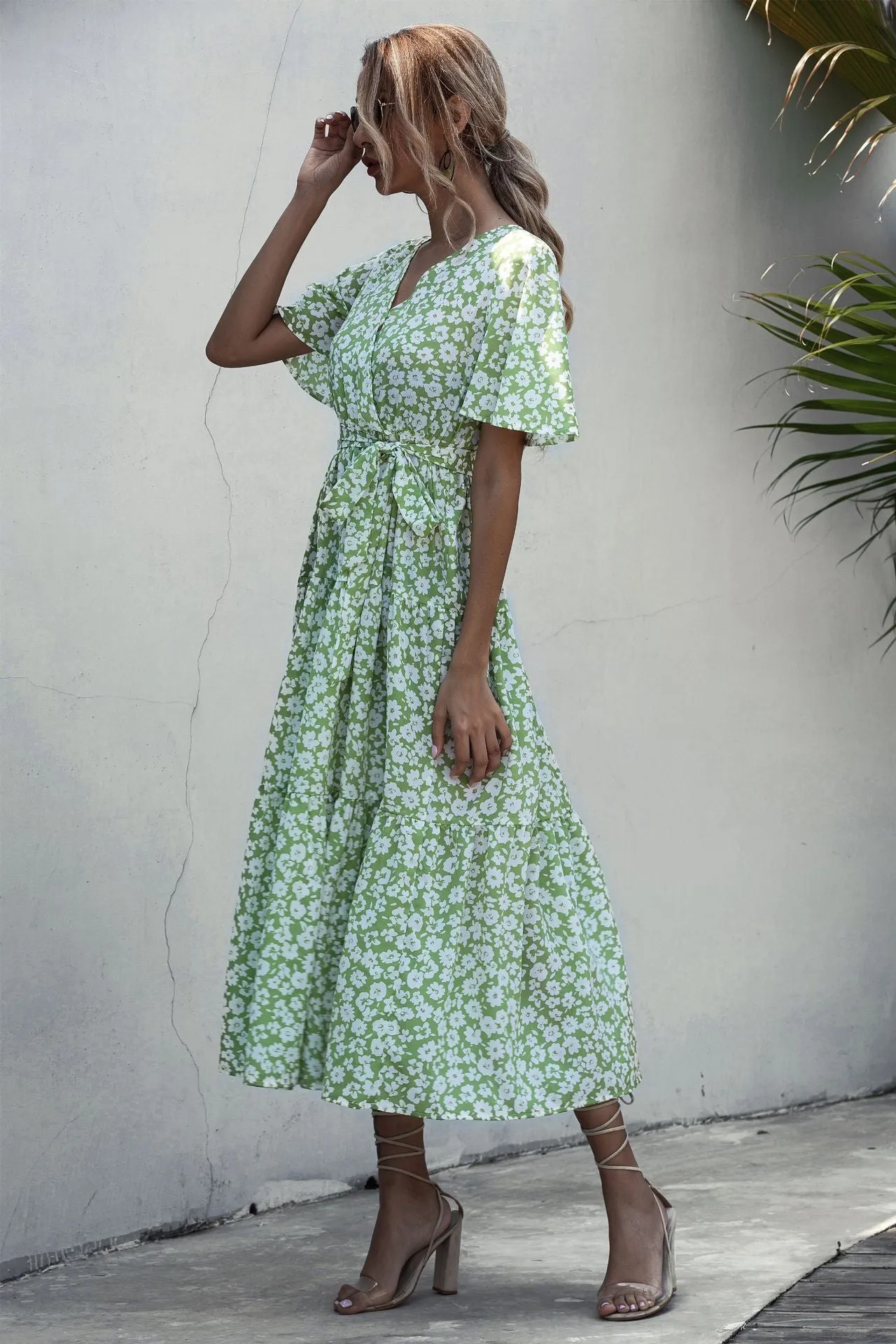 V-neck Belt Polka Dot Floral Maxi Dresses
