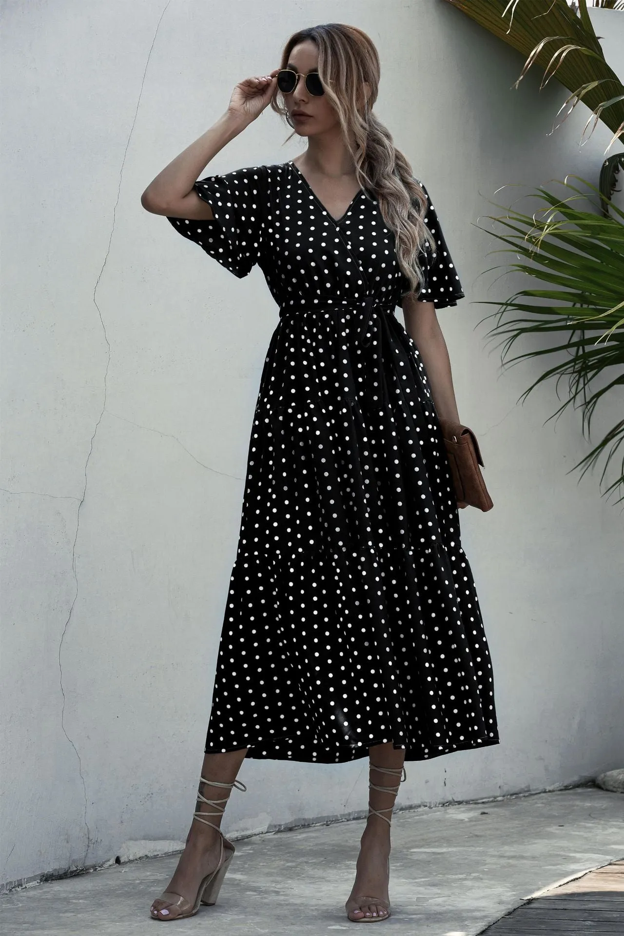 V-neck Belt Polka Dot Floral Maxi Dresses