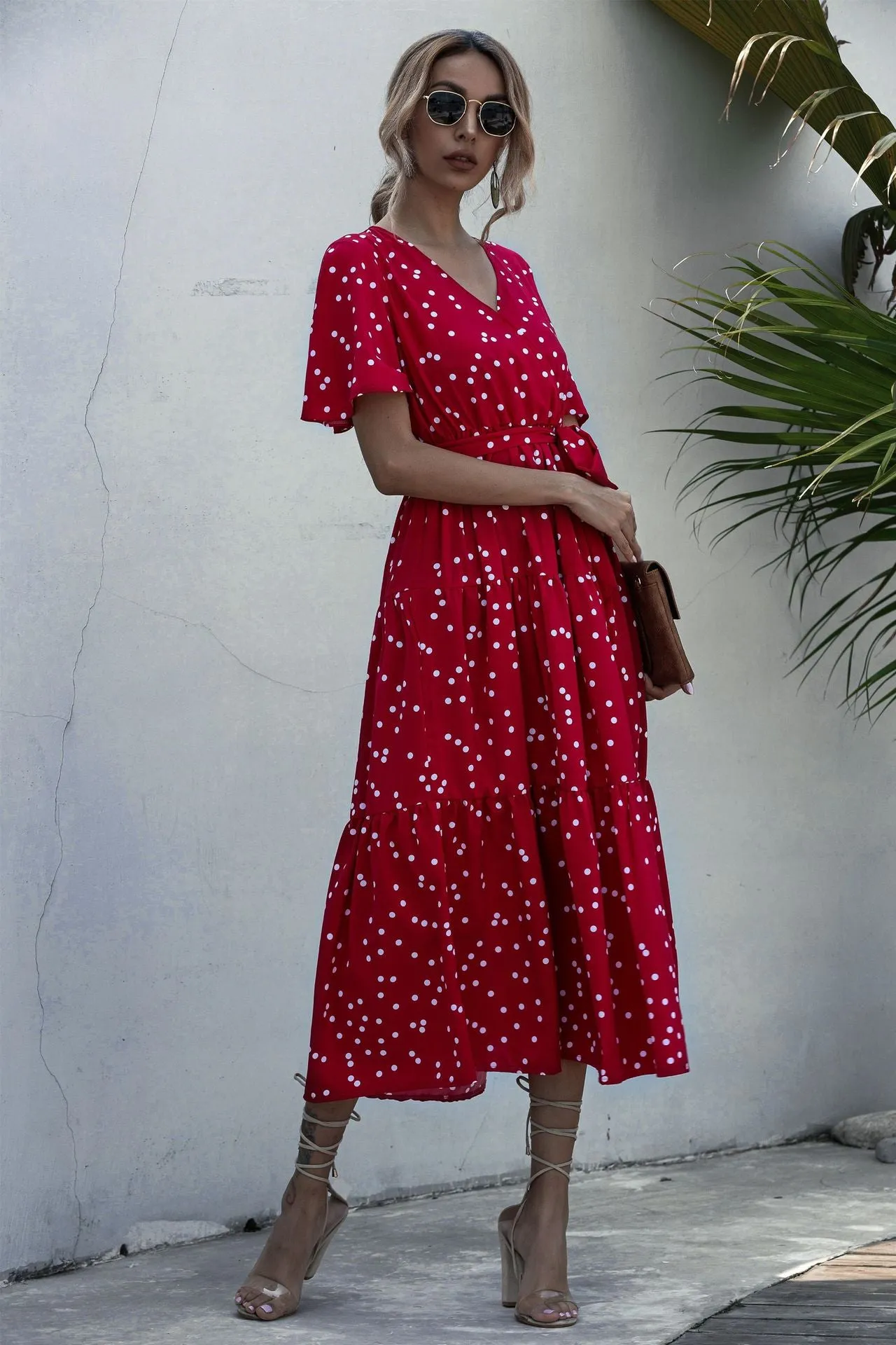 V-neck Belt Polka Dot Floral Maxi Dresses