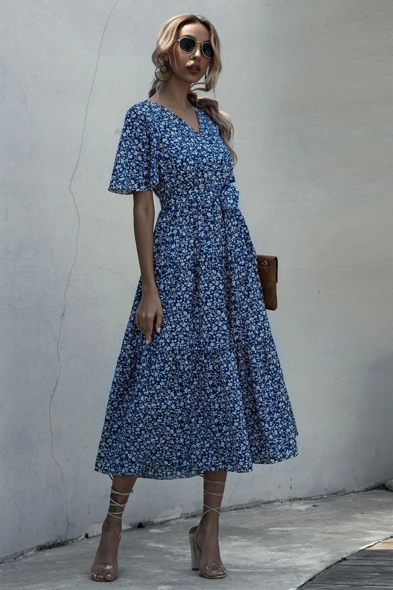 V-neck Belt Polka Dot Floral Maxi Dresses