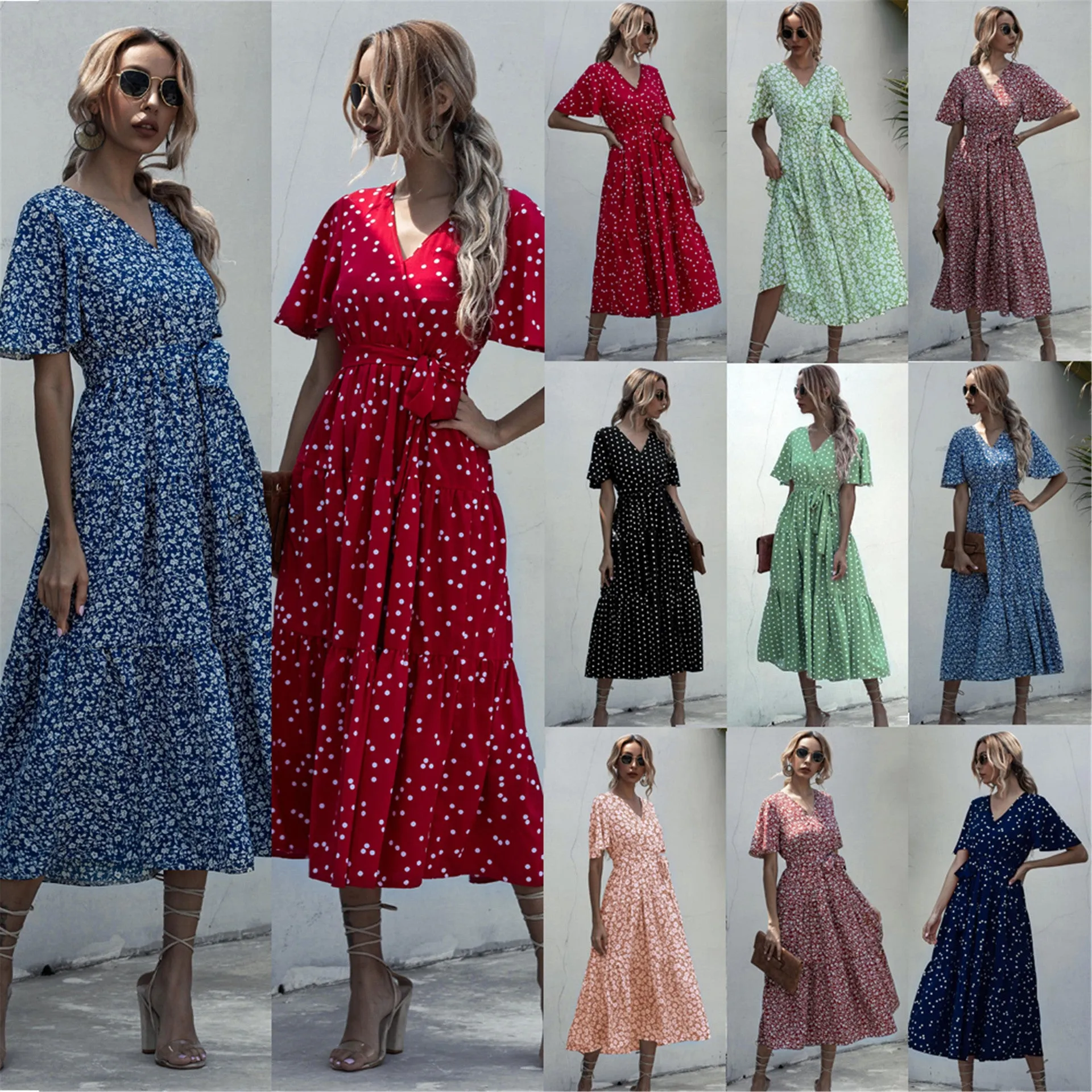 V-neck Belt Polka Dot Floral Maxi Dresses