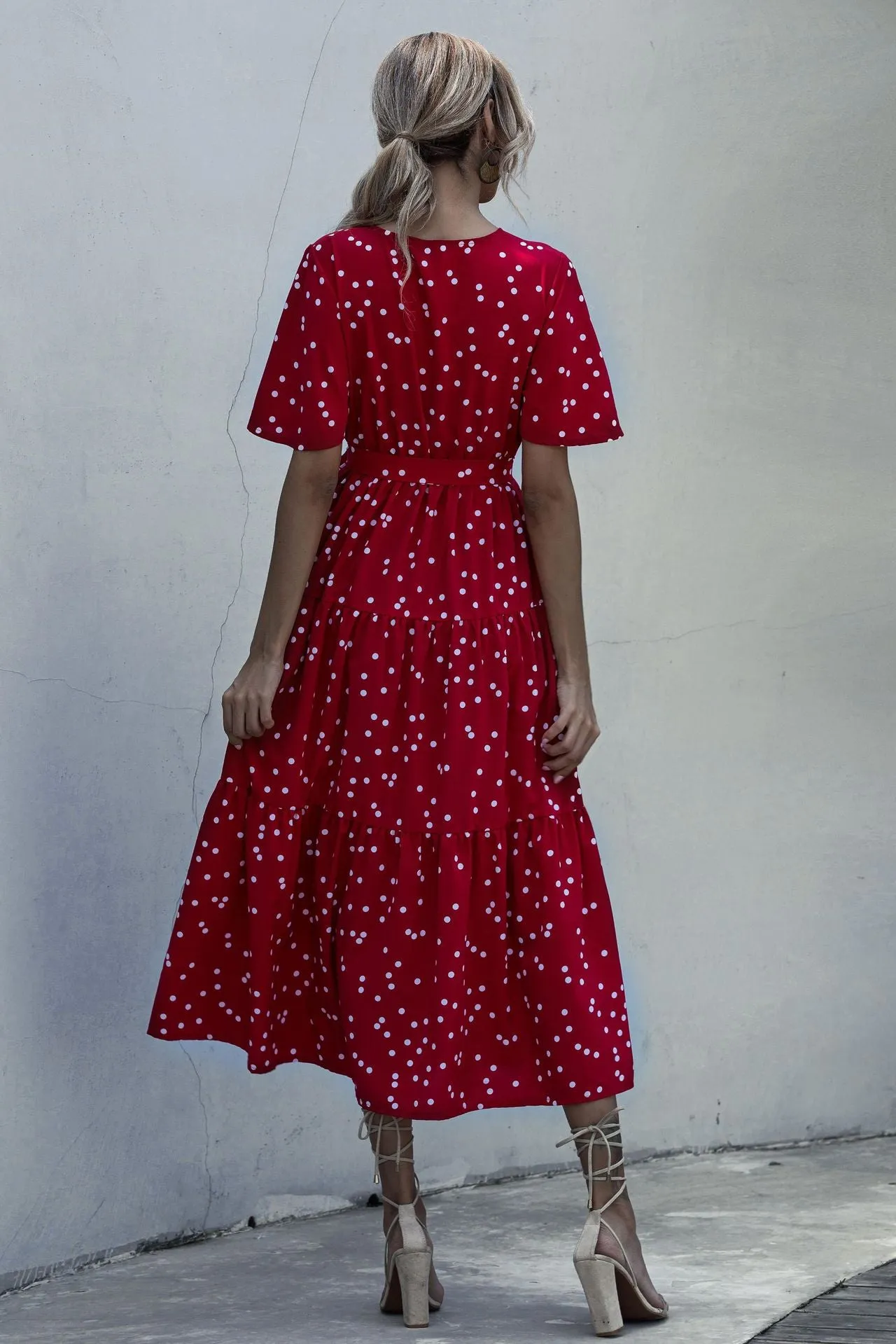 V-neck Belt Polka Dot Floral Maxi Dresses