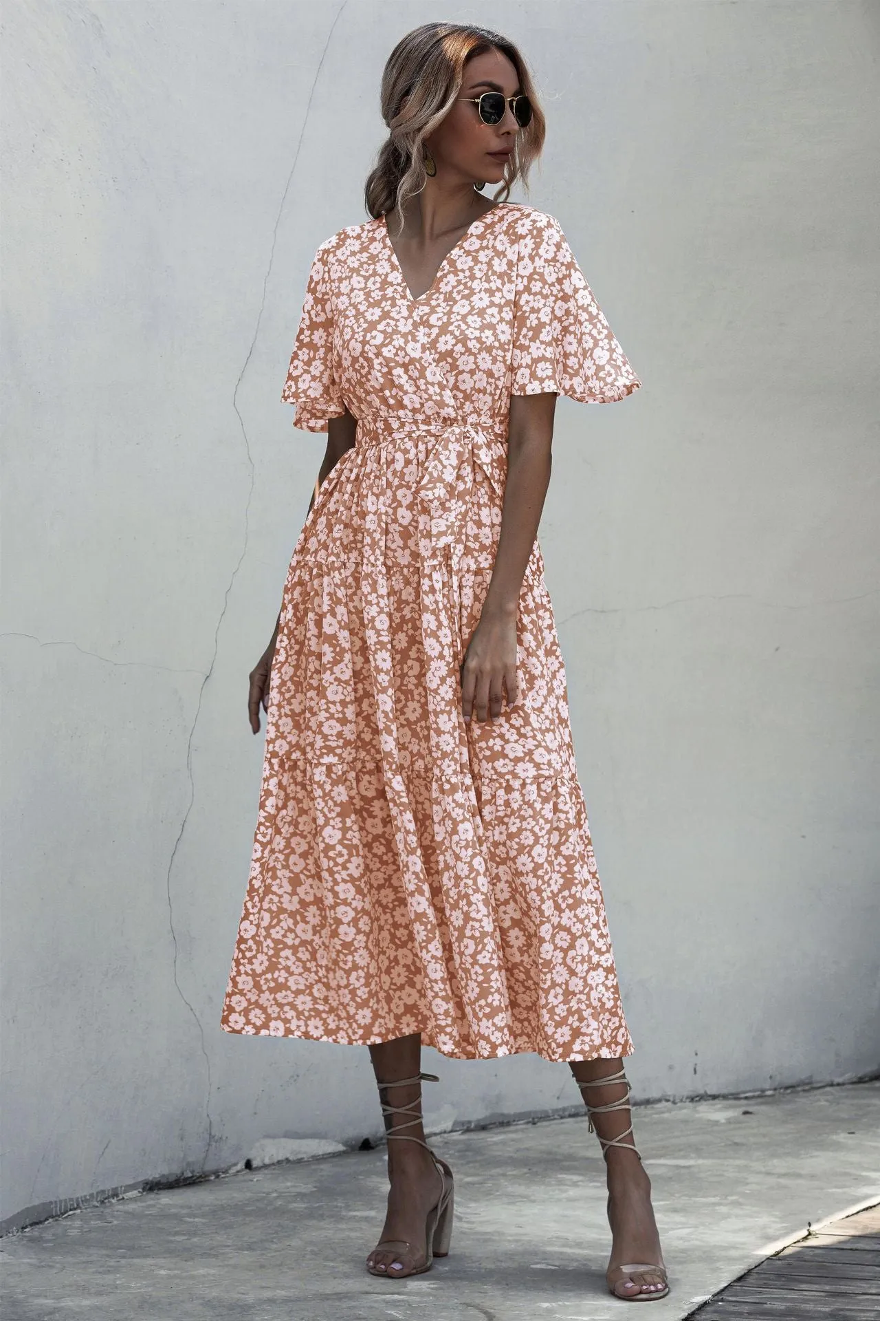 V-neck Belt Polka Dot Floral Maxi Dresses
