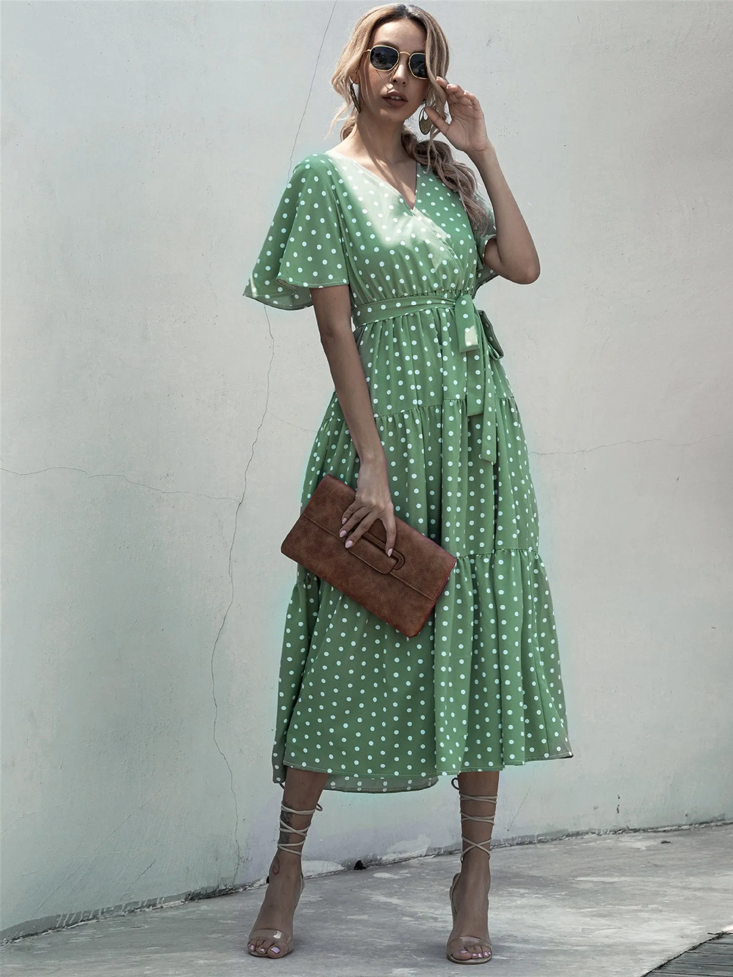 V-neck Belt Polka Dot Floral Maxi Dresses