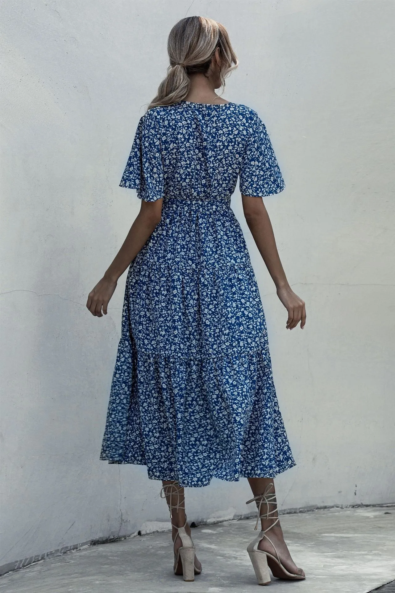 V-neck Belt Polka Dot Floral Maxi Dresses