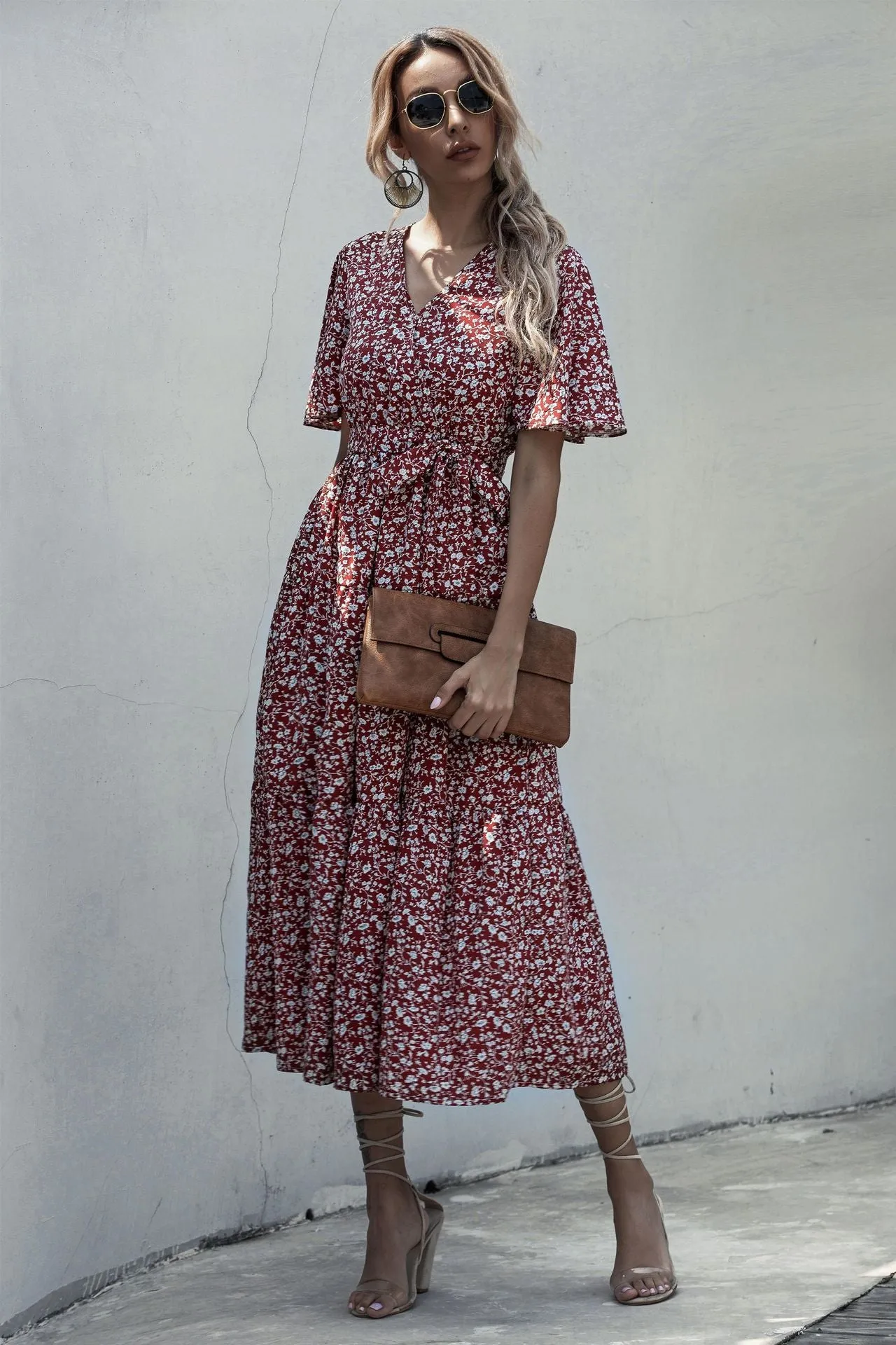 V-neck Belt Polka Dot Floral Maxi Dresses
