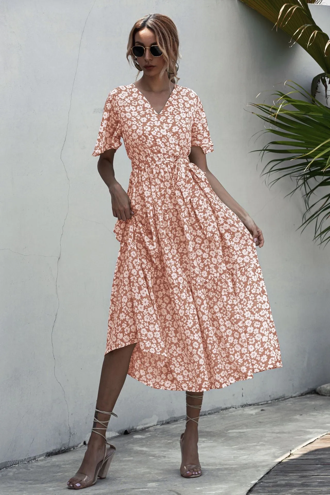V-neck Belt Polka Dot Floral Maxi Dresses