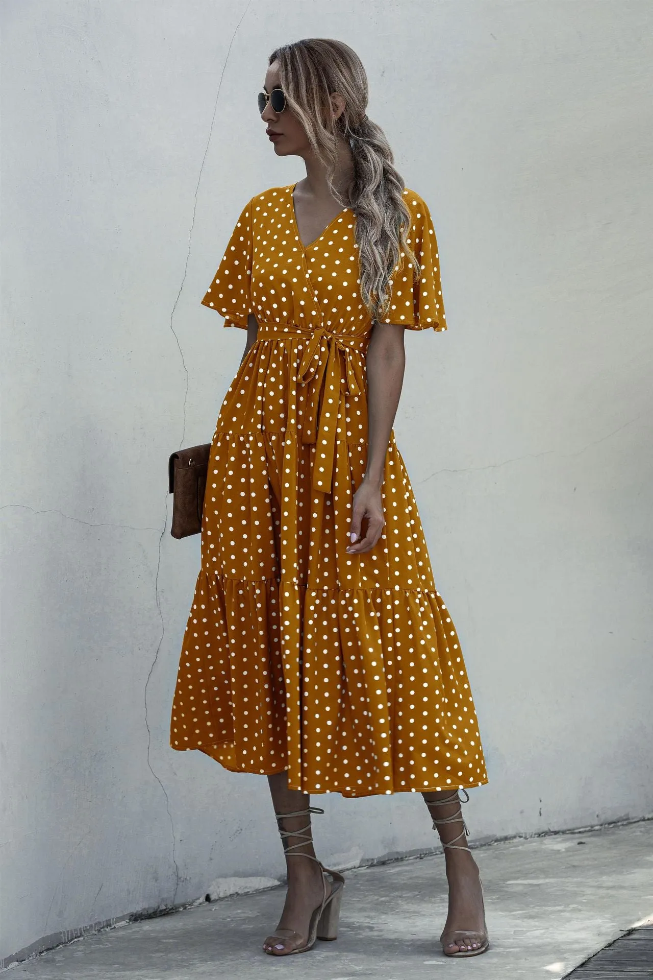 V-neck Belt Polka Dot Floral Maxi Dresses