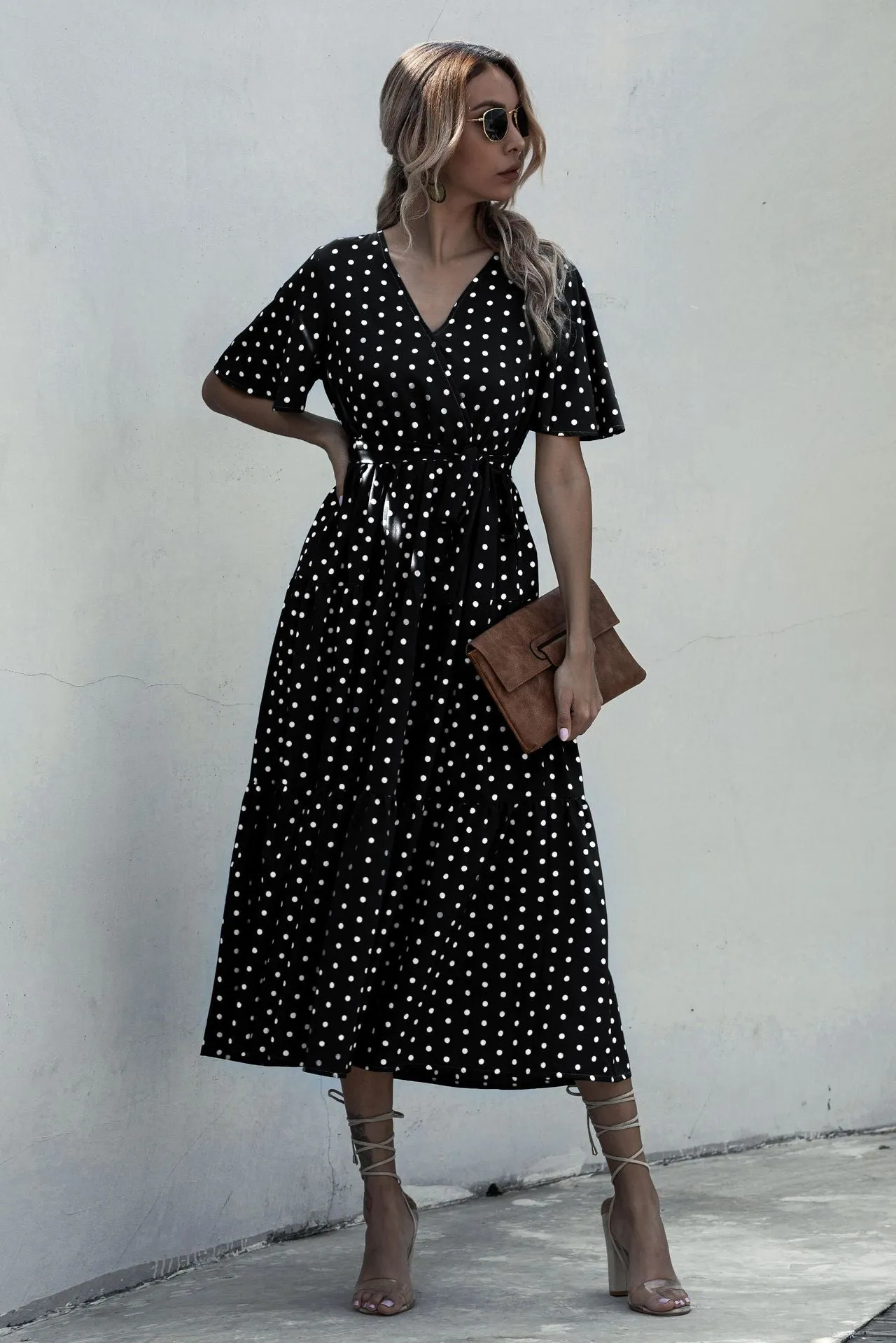 V-neck Belt Polka Dot Floral Maxi Dresses