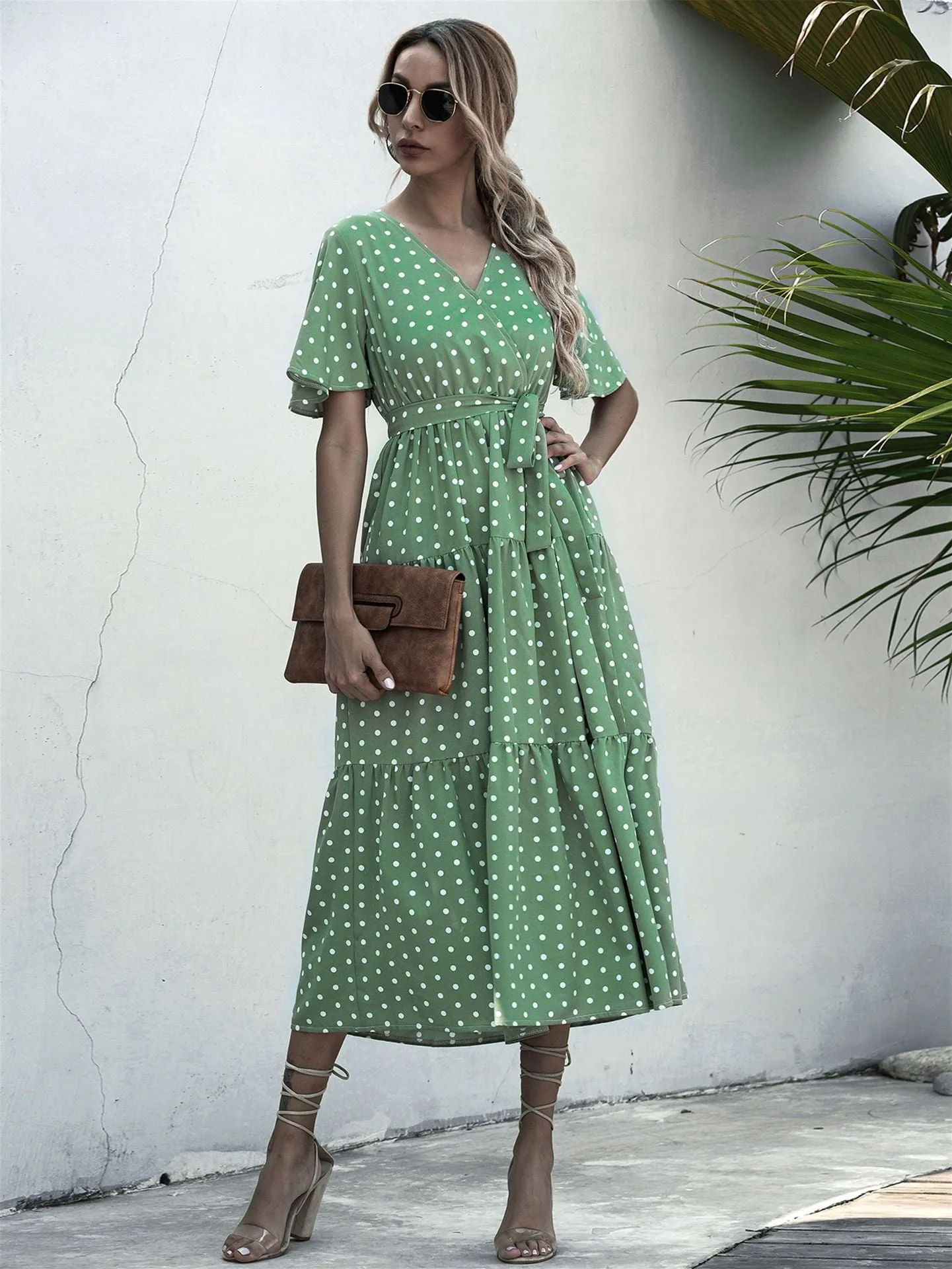 V-neck Belt Polka Dot Floral Maxi Dresses