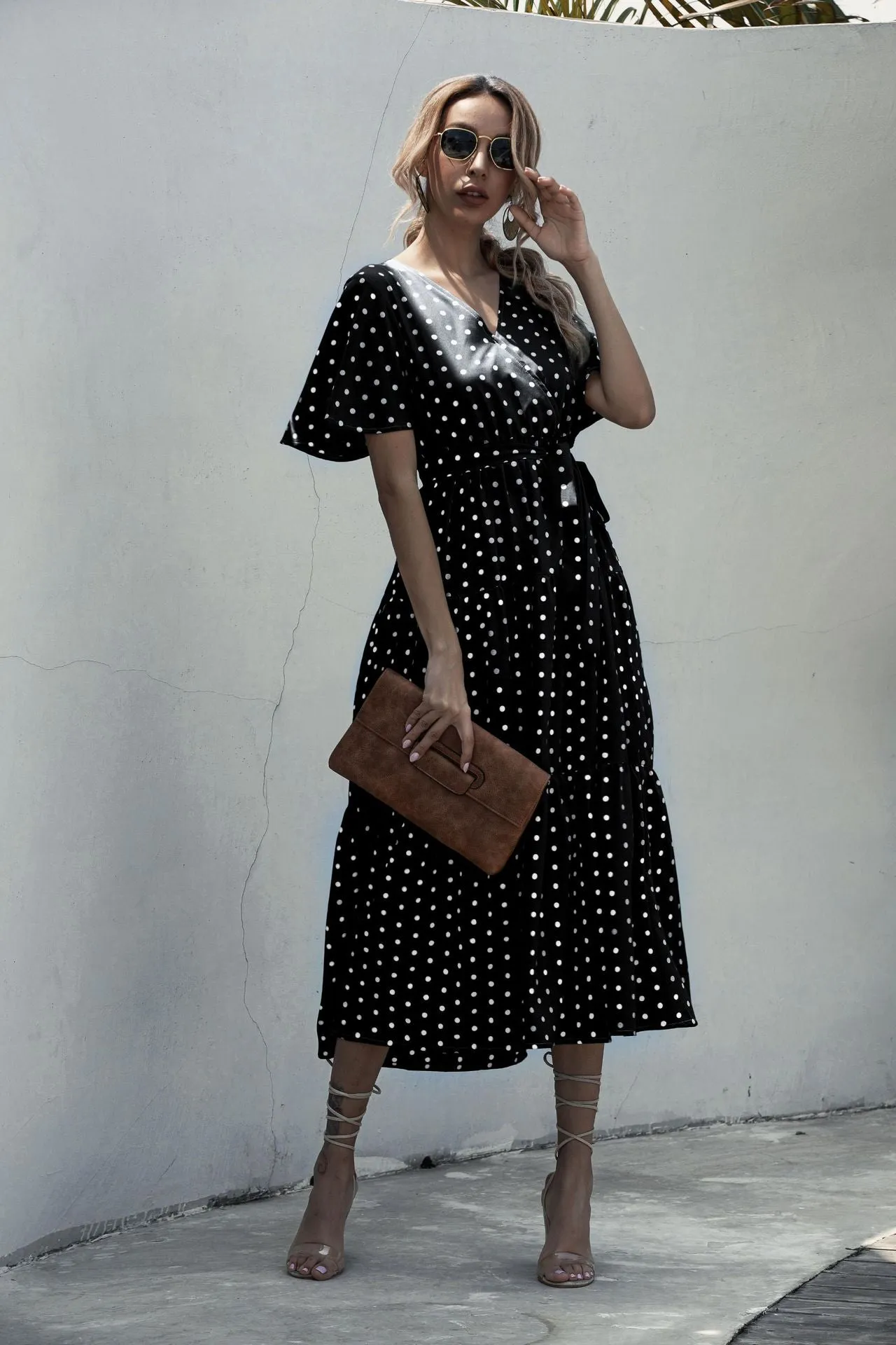 V-neck Belt Polka Dot Floral Maxi Dresses