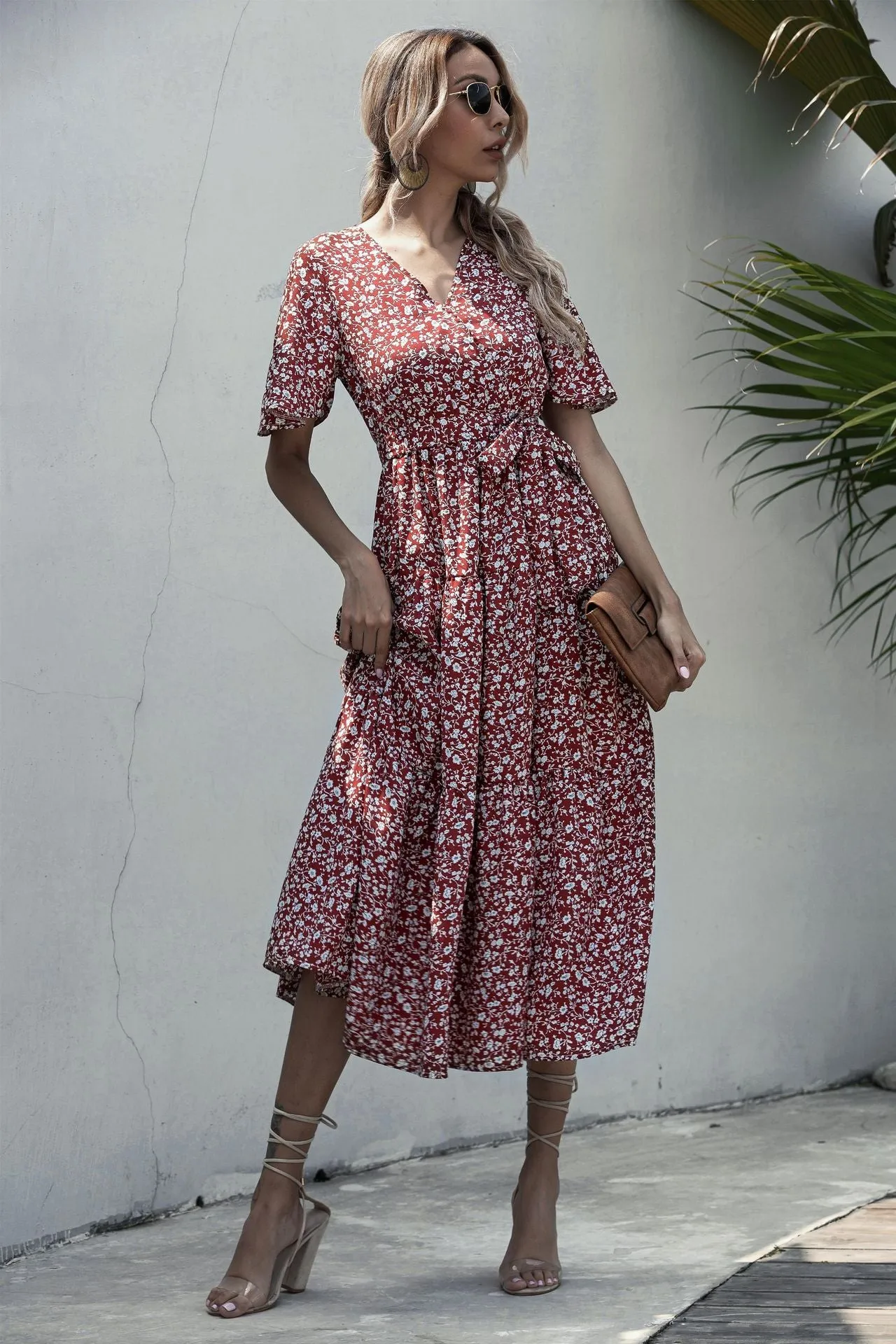 V-neck Belt Polka Dot Floral Maxi Dresses