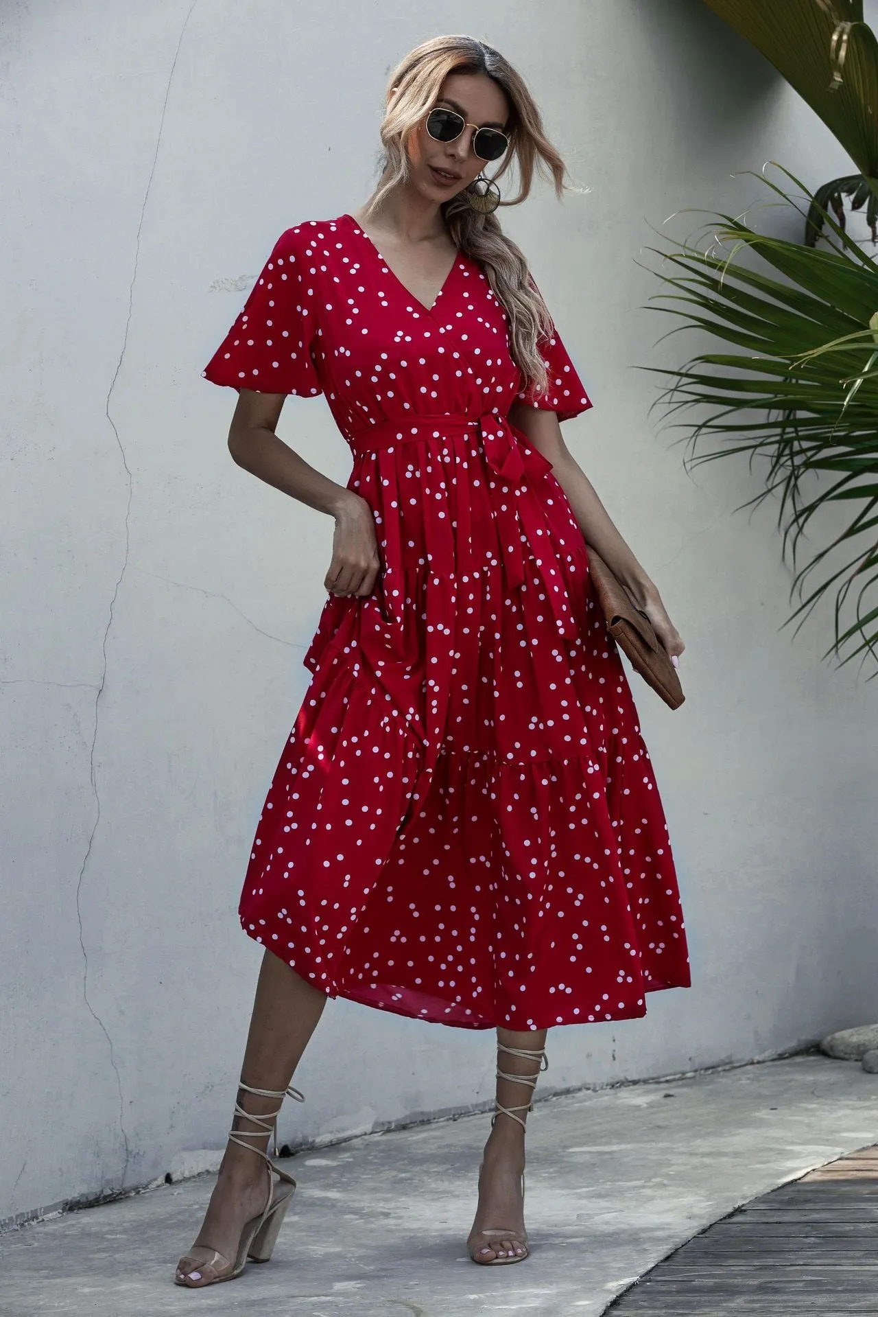 V-neck Belt Polka Dot Floral Maxi Dresses