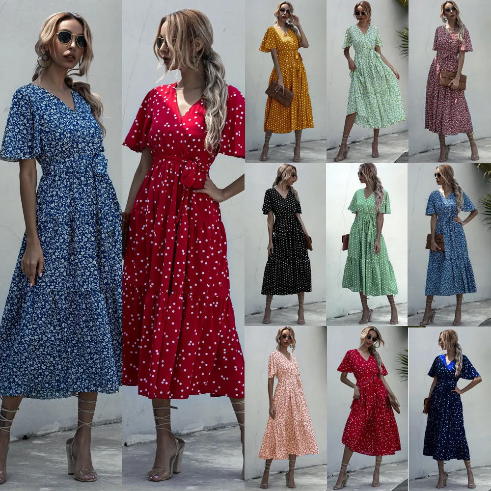 V-neck Belt Polka Dot Floral Maxi Dresses