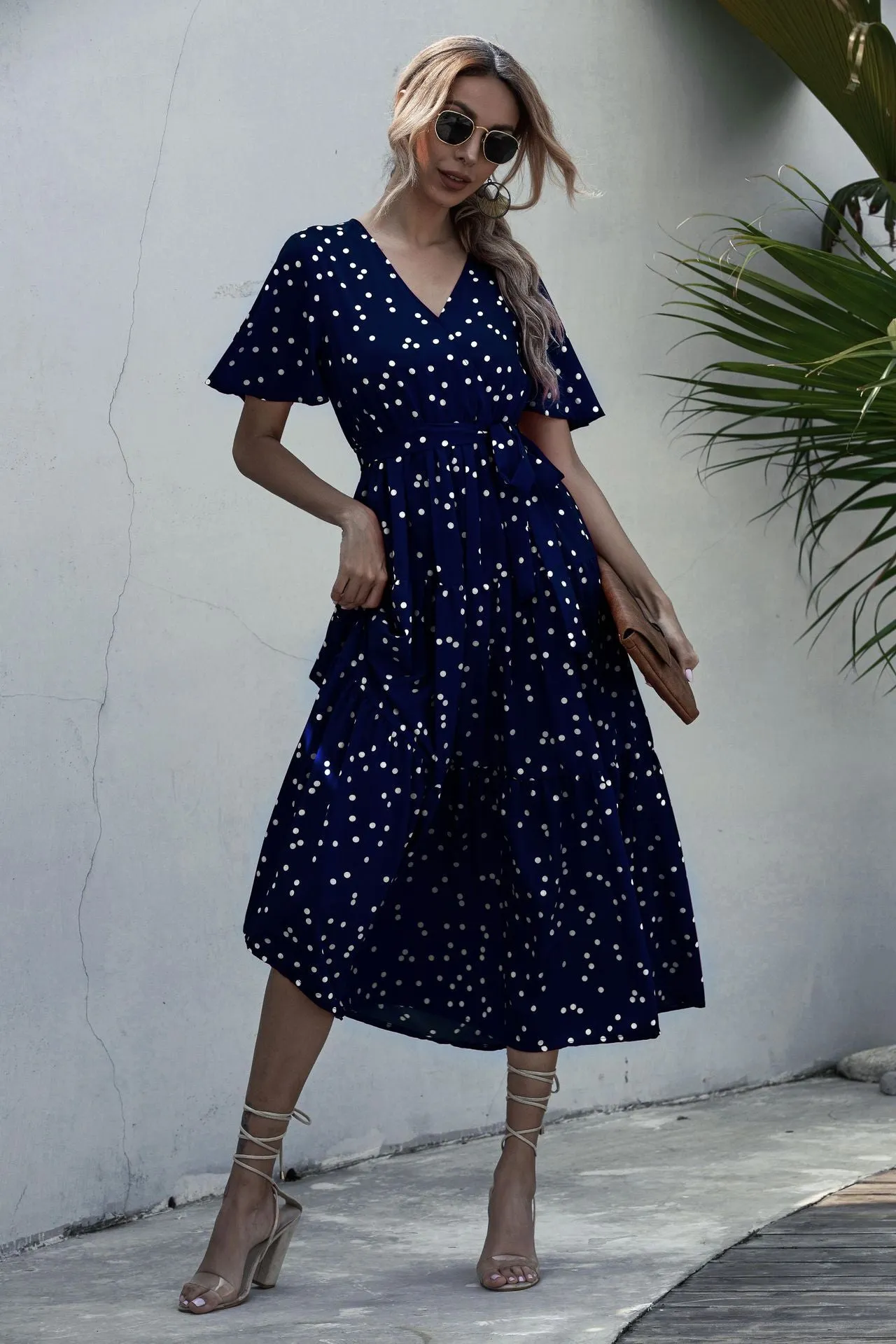 V-neck Belt Polka Dot Floral Maxi Dresses