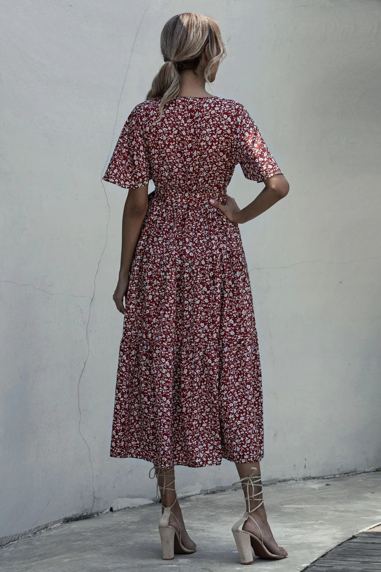 V-neck Belt Polka Dot Floral Maxi Dresses