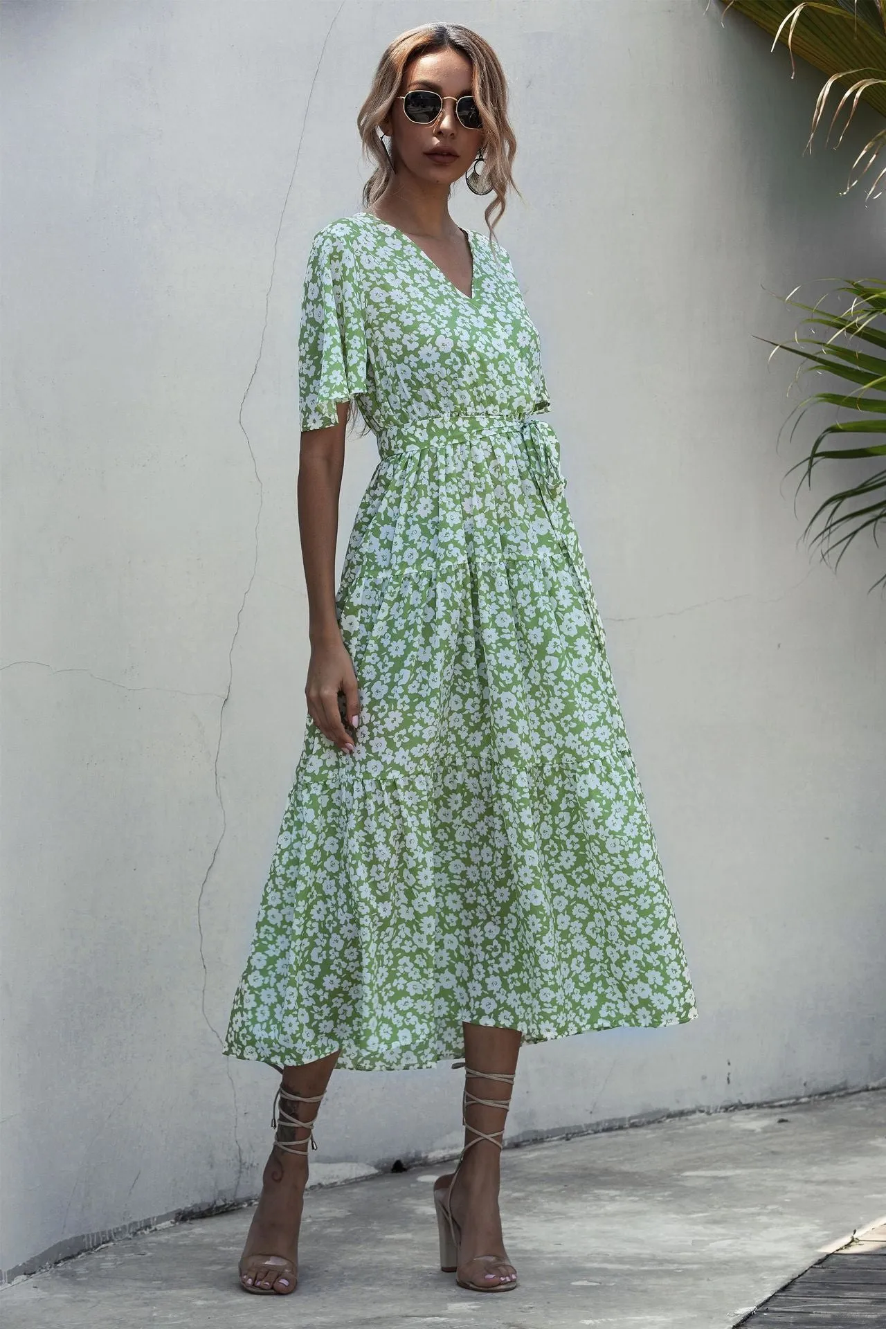 V-neck Belt Polka Dot Floral Maxi Dresses