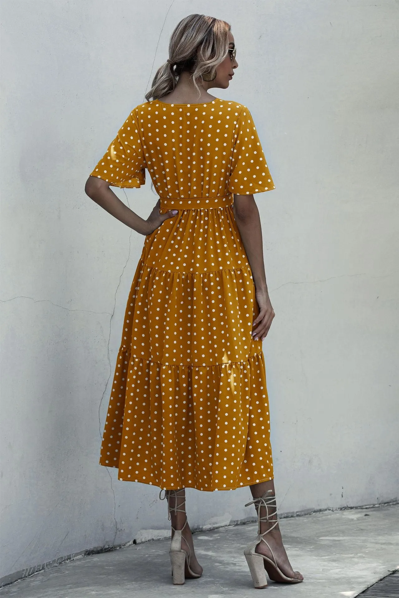 V-neck Belt Polka Dot Floral Maxi Dresses