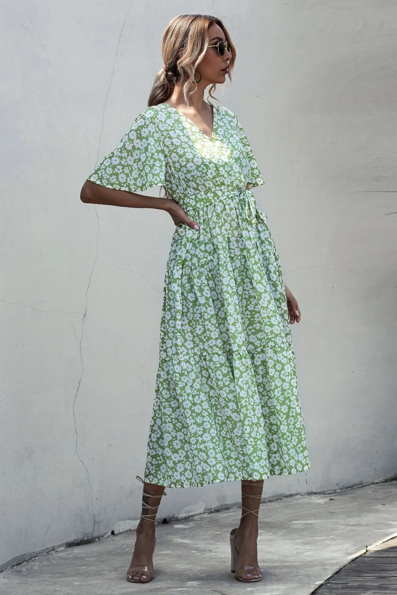 V-neck Belt Polka Dot Floral Maxi Dresses