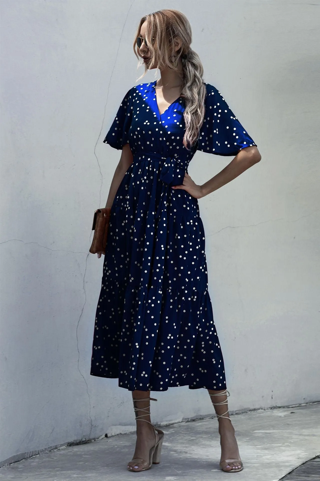 V-neck Belt Polka Dot Floral Maxi Dresses