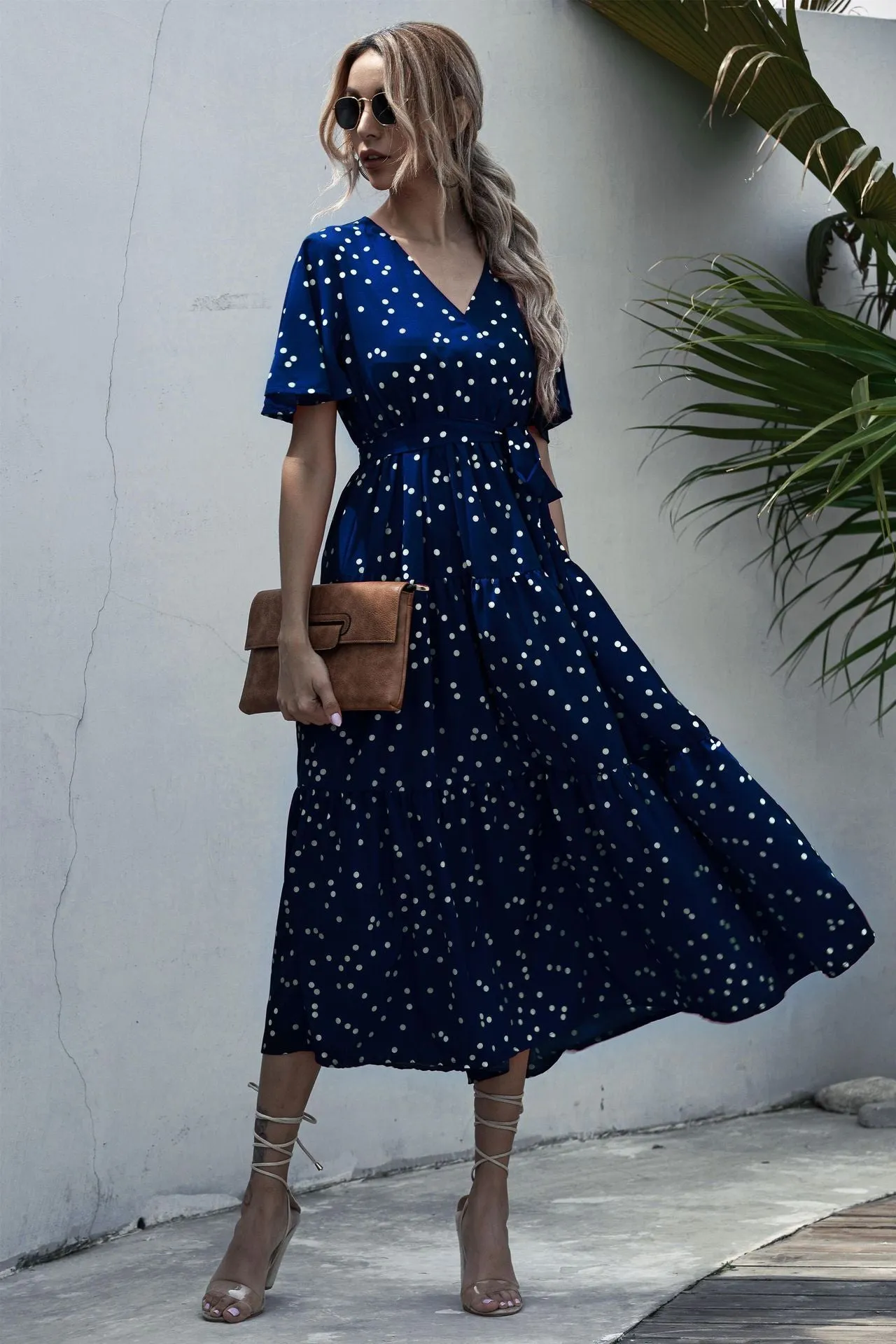 V-neck Belt Polka Dot Floral Maxi Dresses