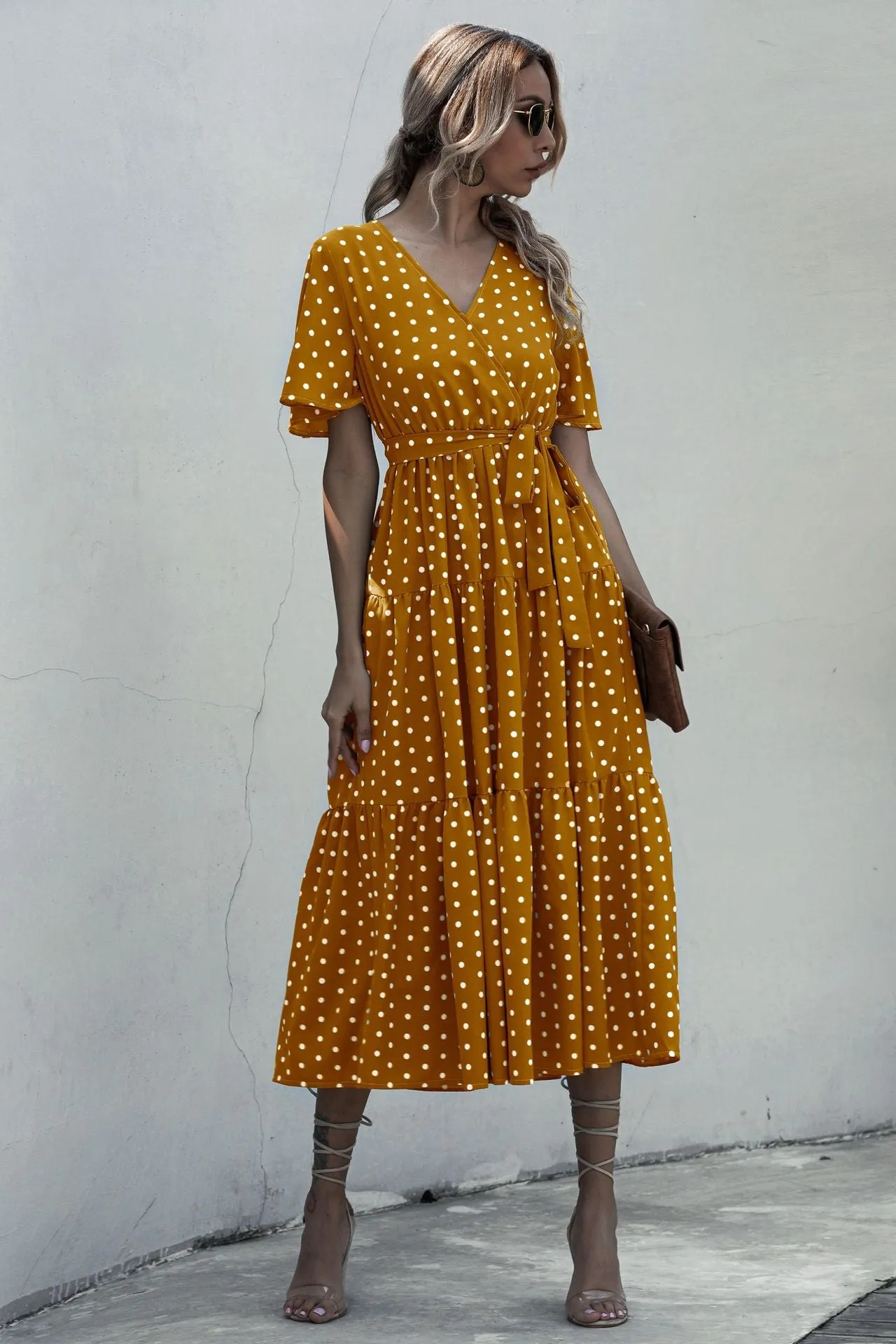 V-neck Belt Polka Dot Floral Maxi Dresses