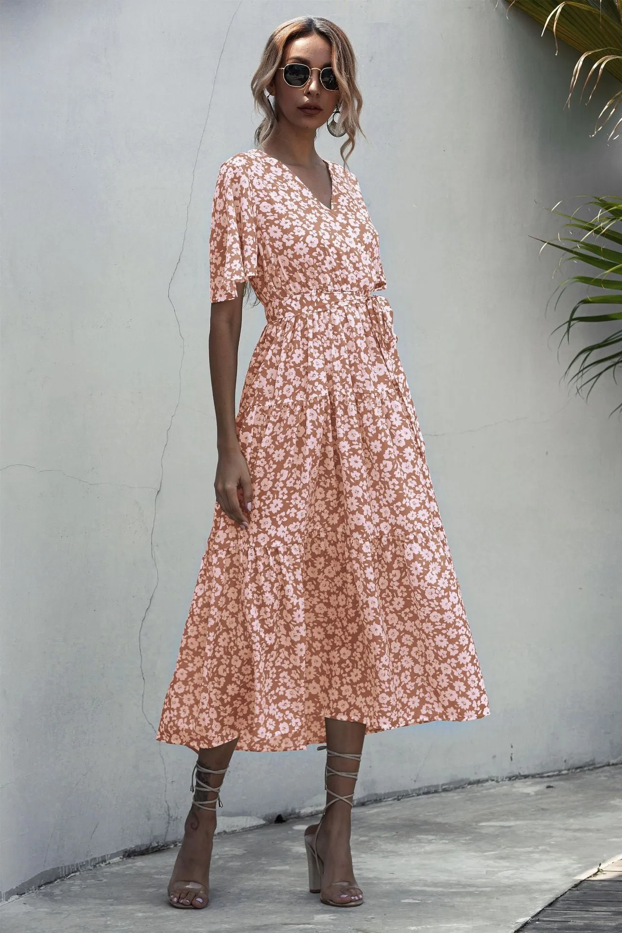 V-neck Belt Polka Dot Floral Maxi Dresses