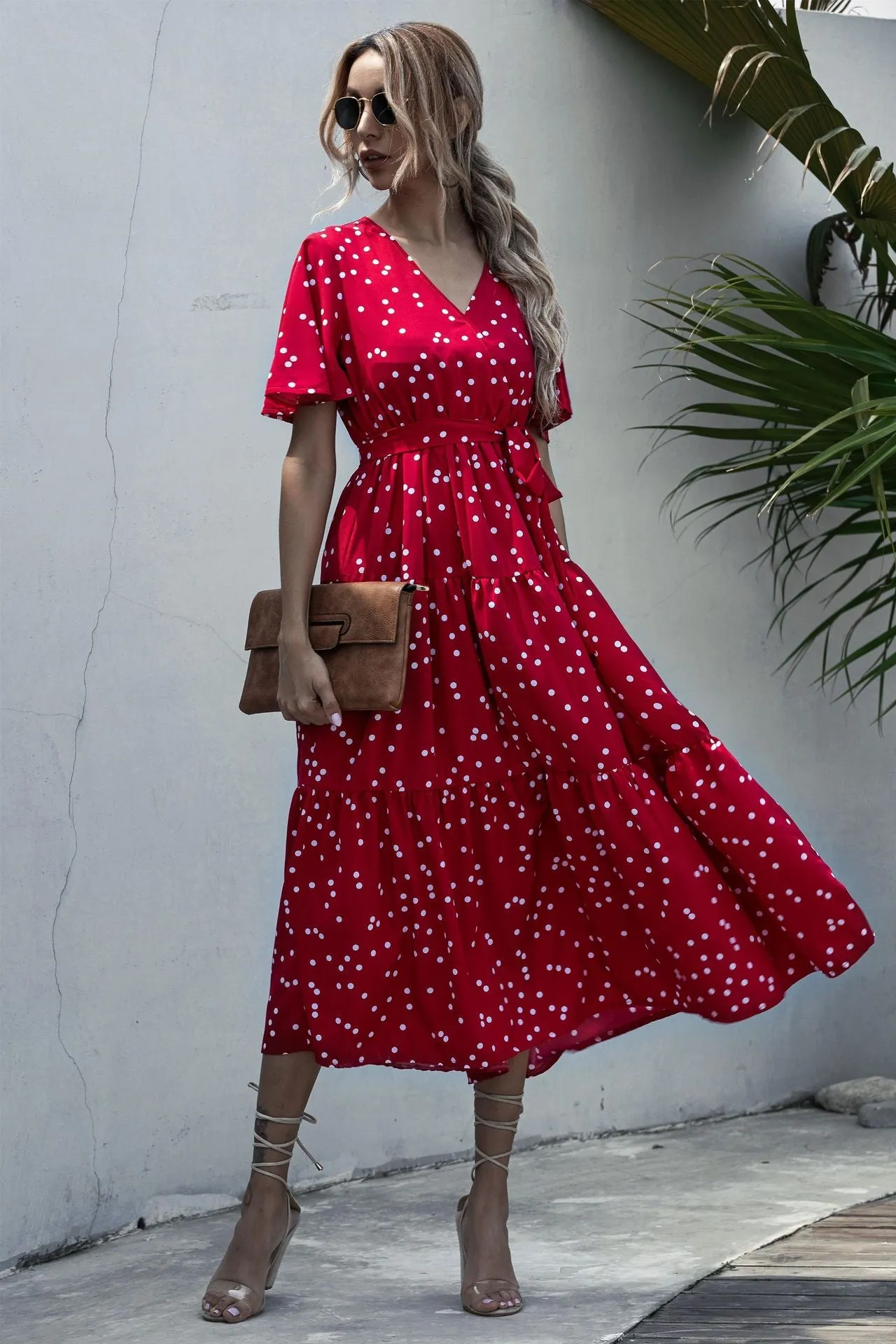V-neck Belt Polka Dot Floral Maxi Dresses