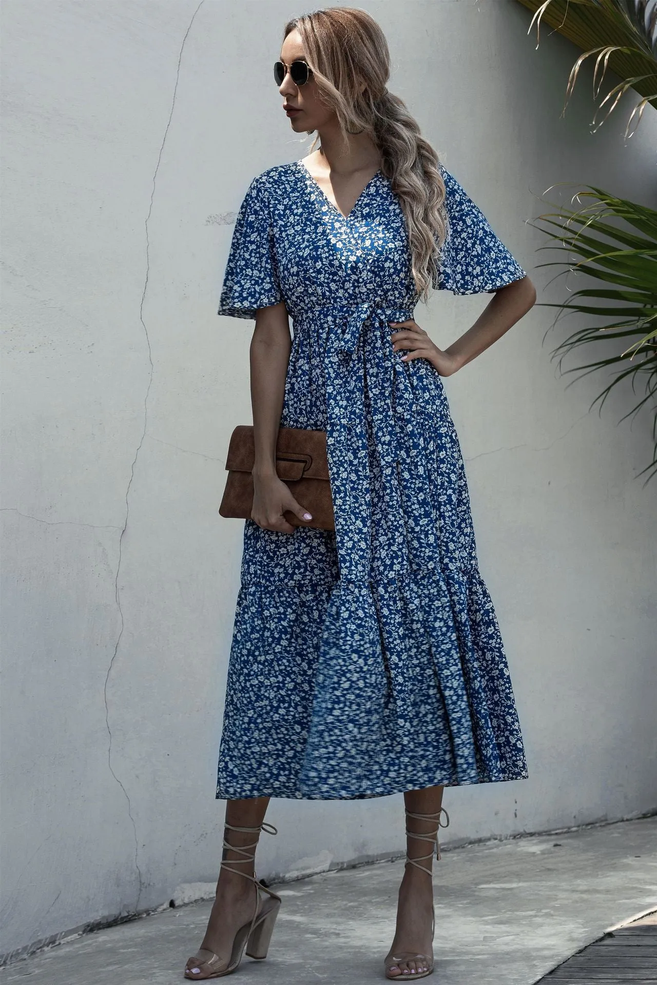 V-neck Belt Polka Dot Floral Maxi Dresses