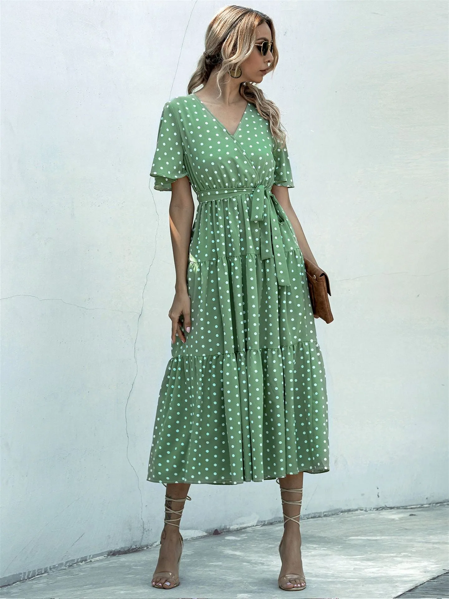 V-neck Belt Polka Dot Floral Maxi Dresses