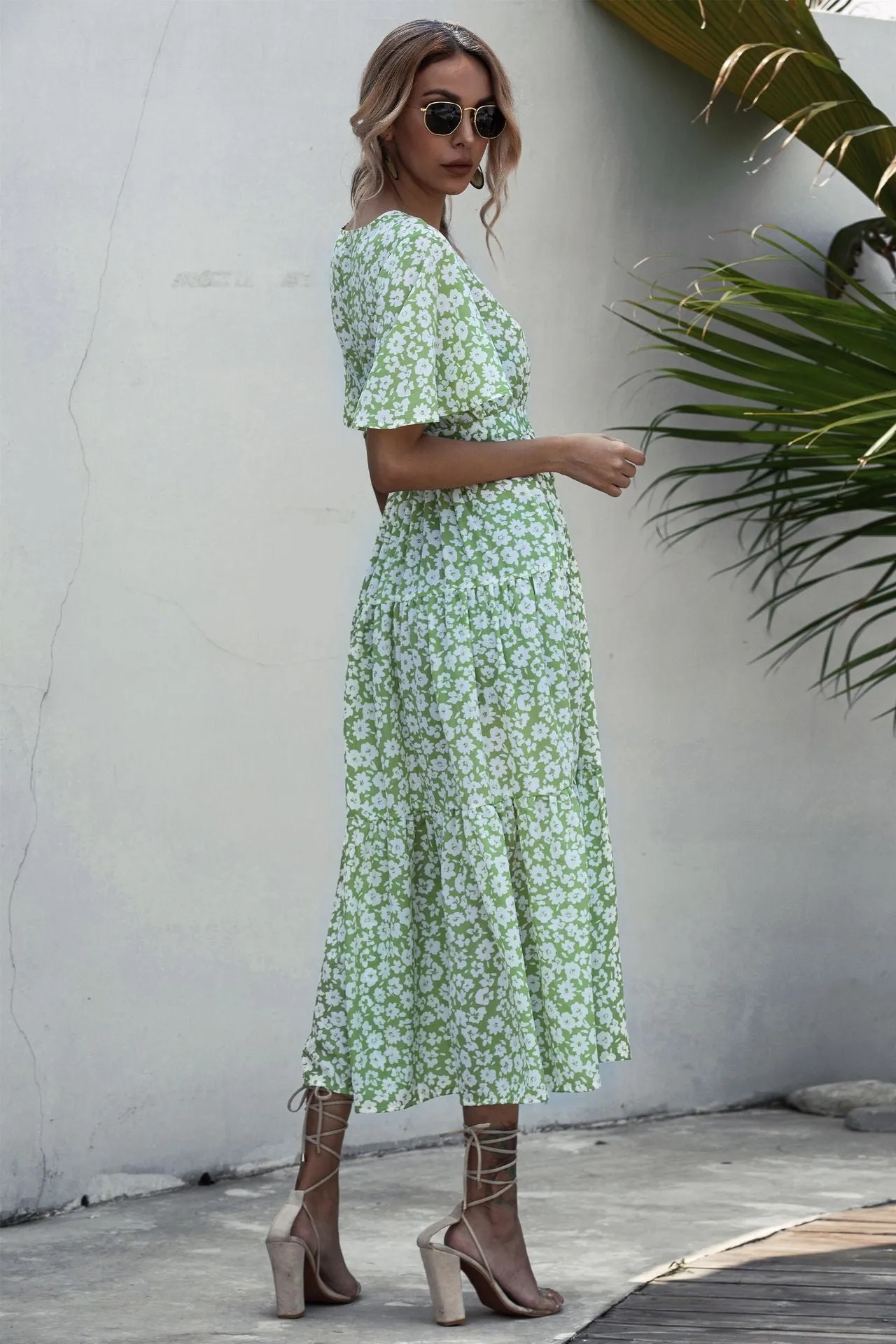 V-neck Belt Polka Dot Floral Maxi Dresses
