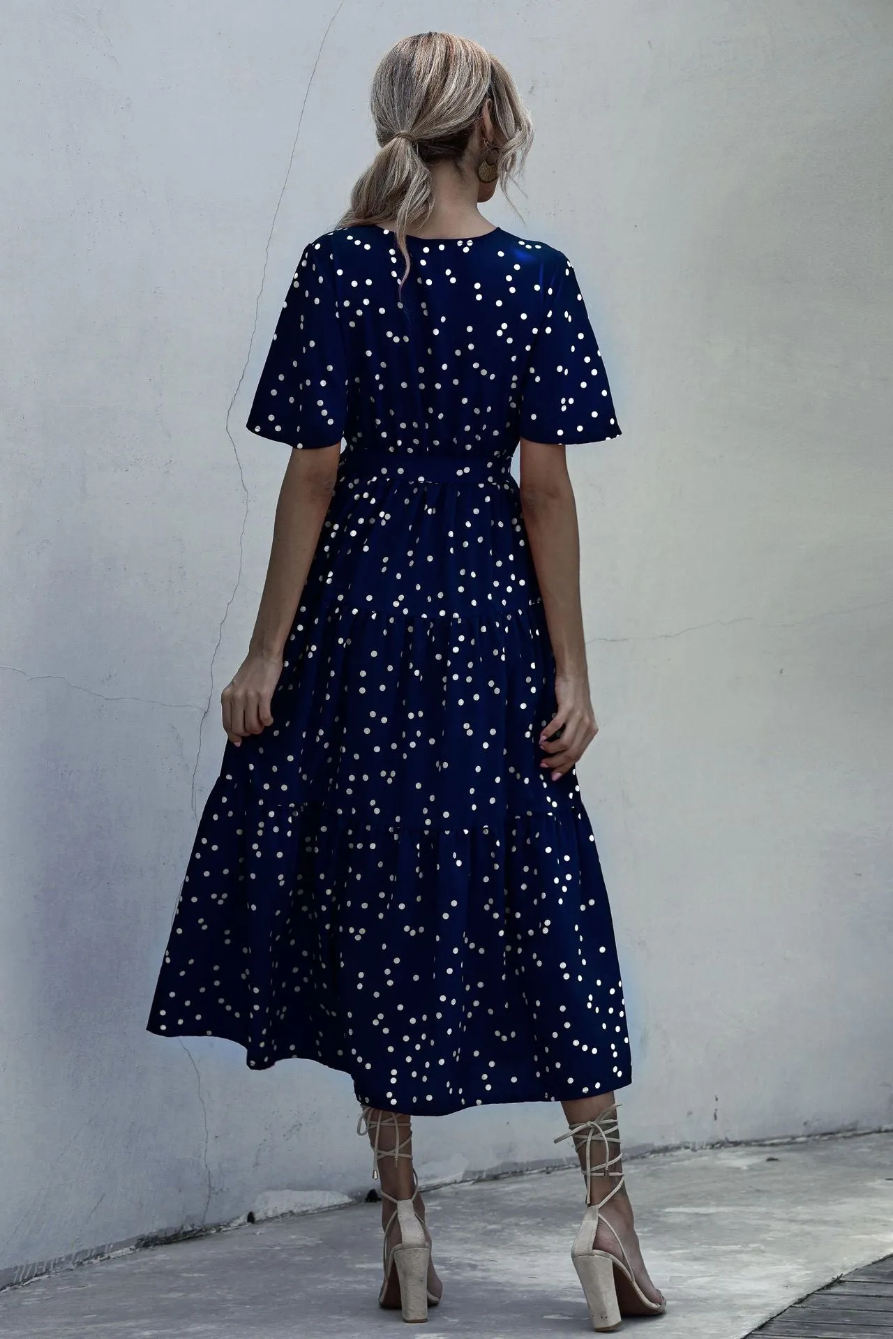 V-neck Belt Polka Dot Floral Maxi Dresses