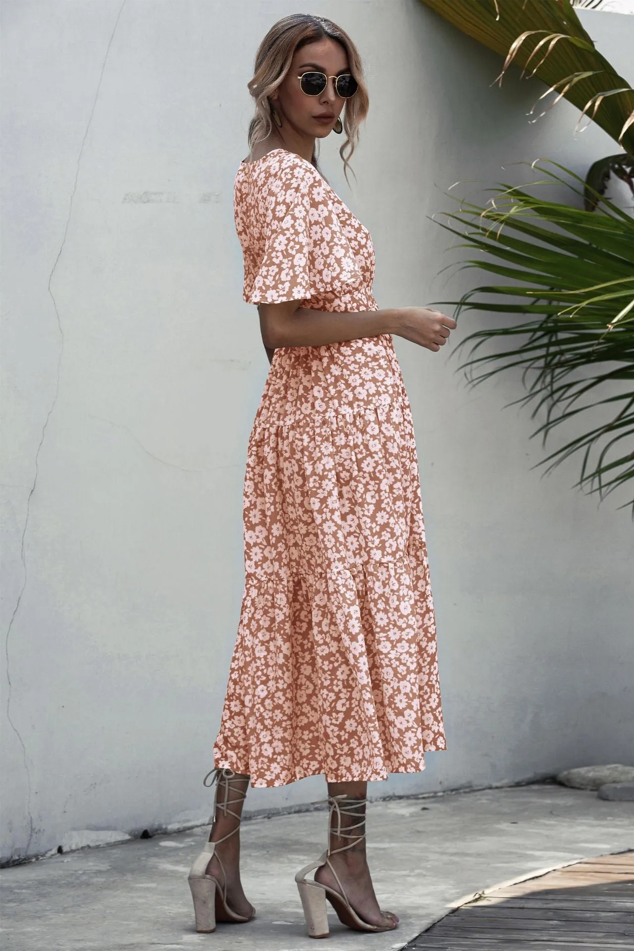 V-neck Belt Polka Dot Floral Maxi Dresses