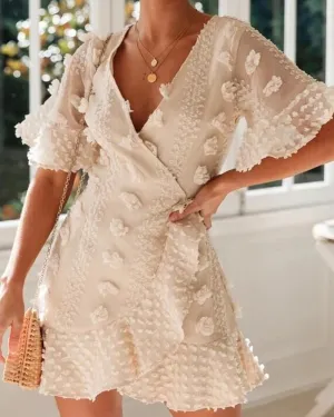 V-neck Lace Flowers Irregular Hem Mini Dresses