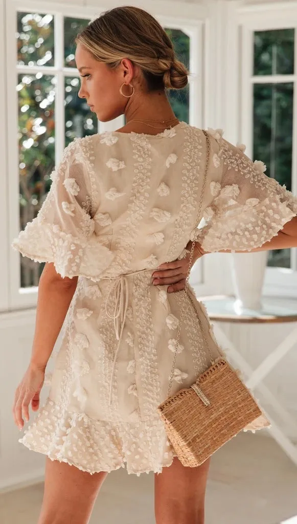 V-neck Lace Flowers Irregular Hem Mini Dresses