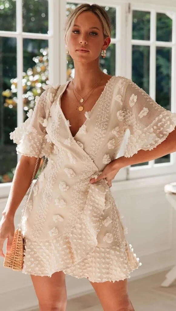 V-neck Lace Flowers Irregular Hem Mini Dresses