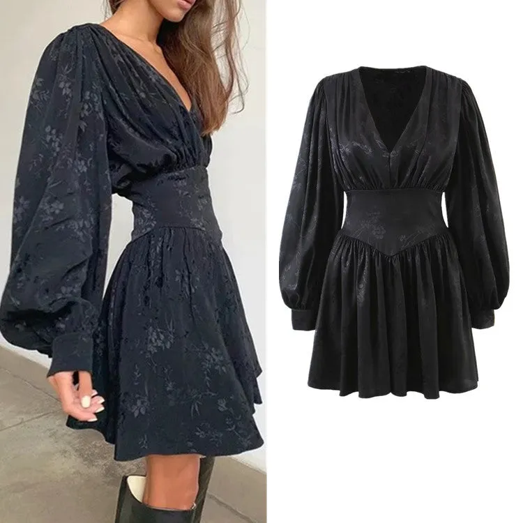 V-neck Lantern Sleeve Vintage Party Floral Mini Dresses