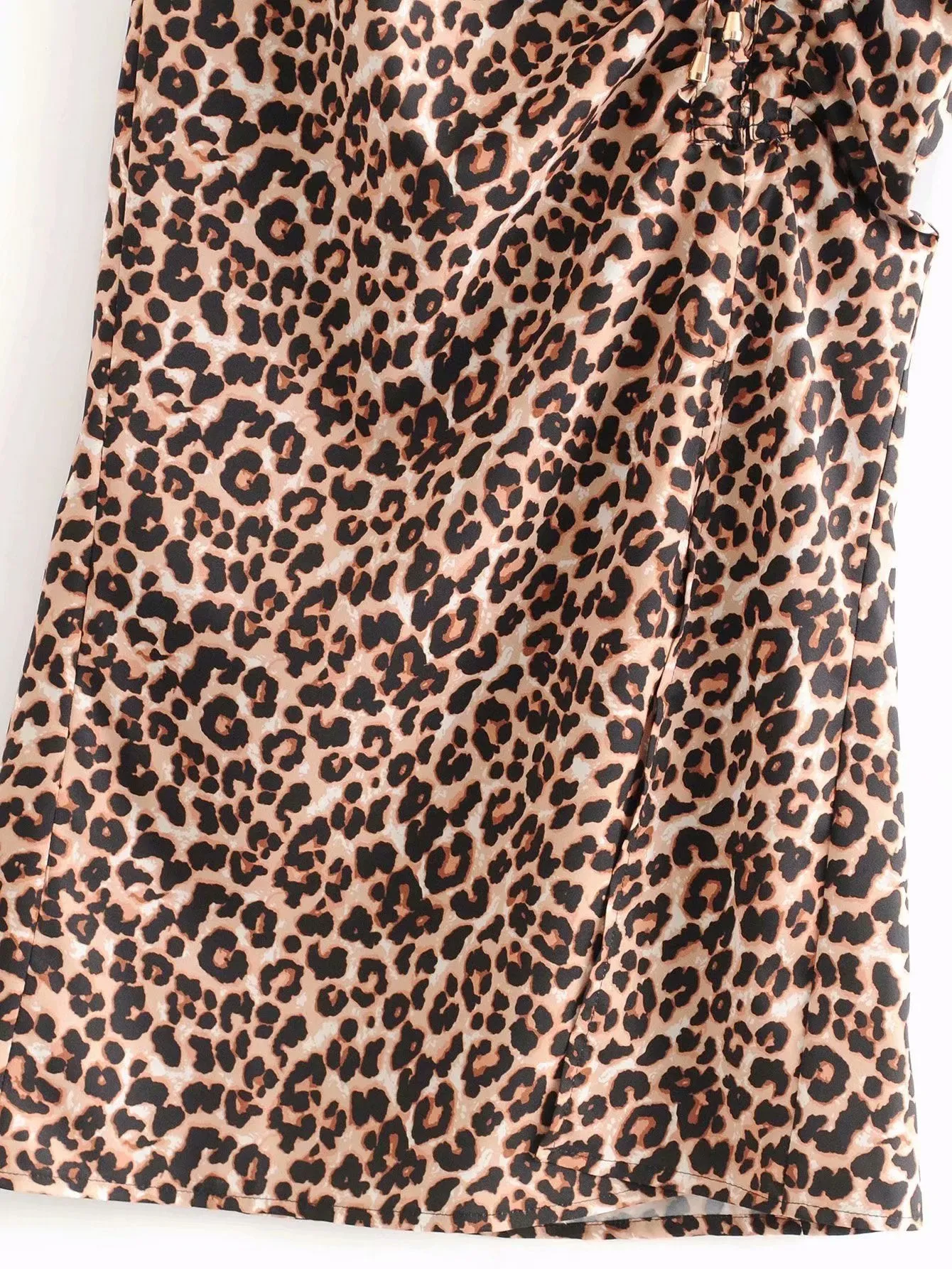 V-neck Leopard Pleated Slit Drawstring Midi Dresses