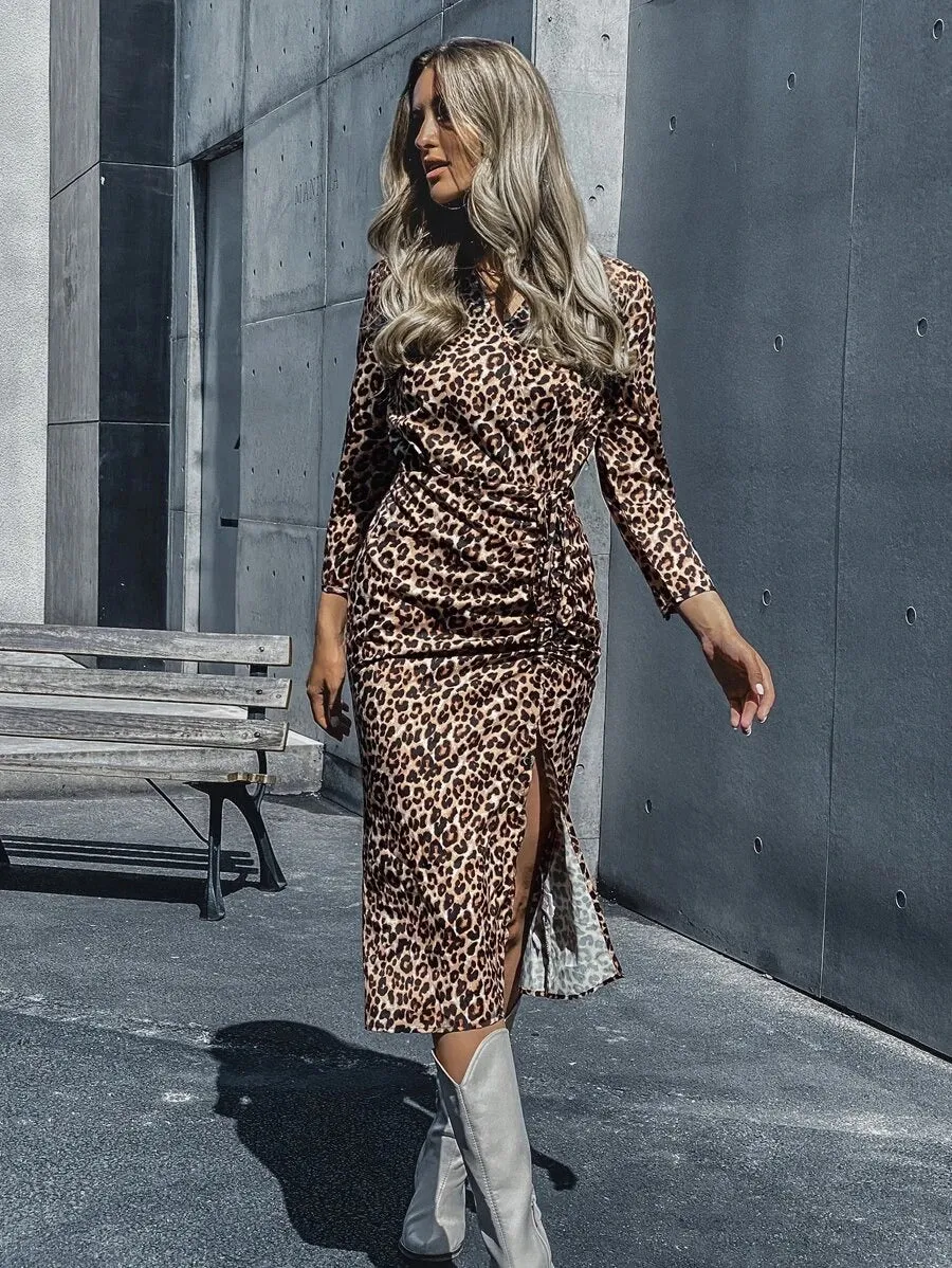 V-neck Leopard Pleated Slit Drawstring Midi Dresses