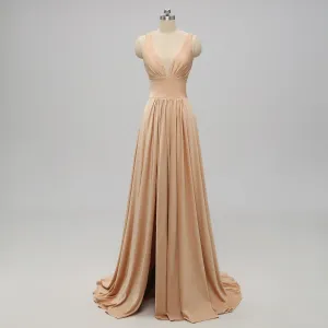 V-neck Side Slit Long Gold Bridesmaid Dresses,Sexy Bridesmaid Dresses,WGY0201