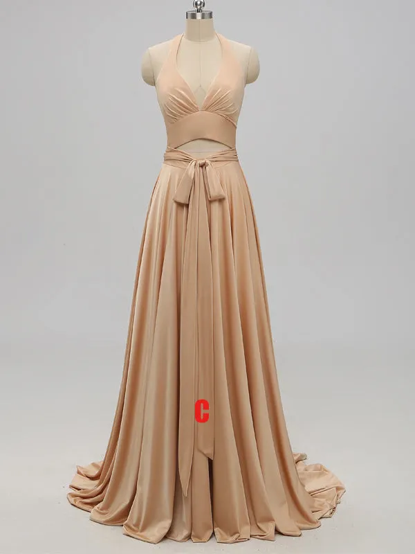 V-neck Side Slit Long Gold Bridesmaid Dresses,Sexy Bridesmaid Dresses,WGY0201
